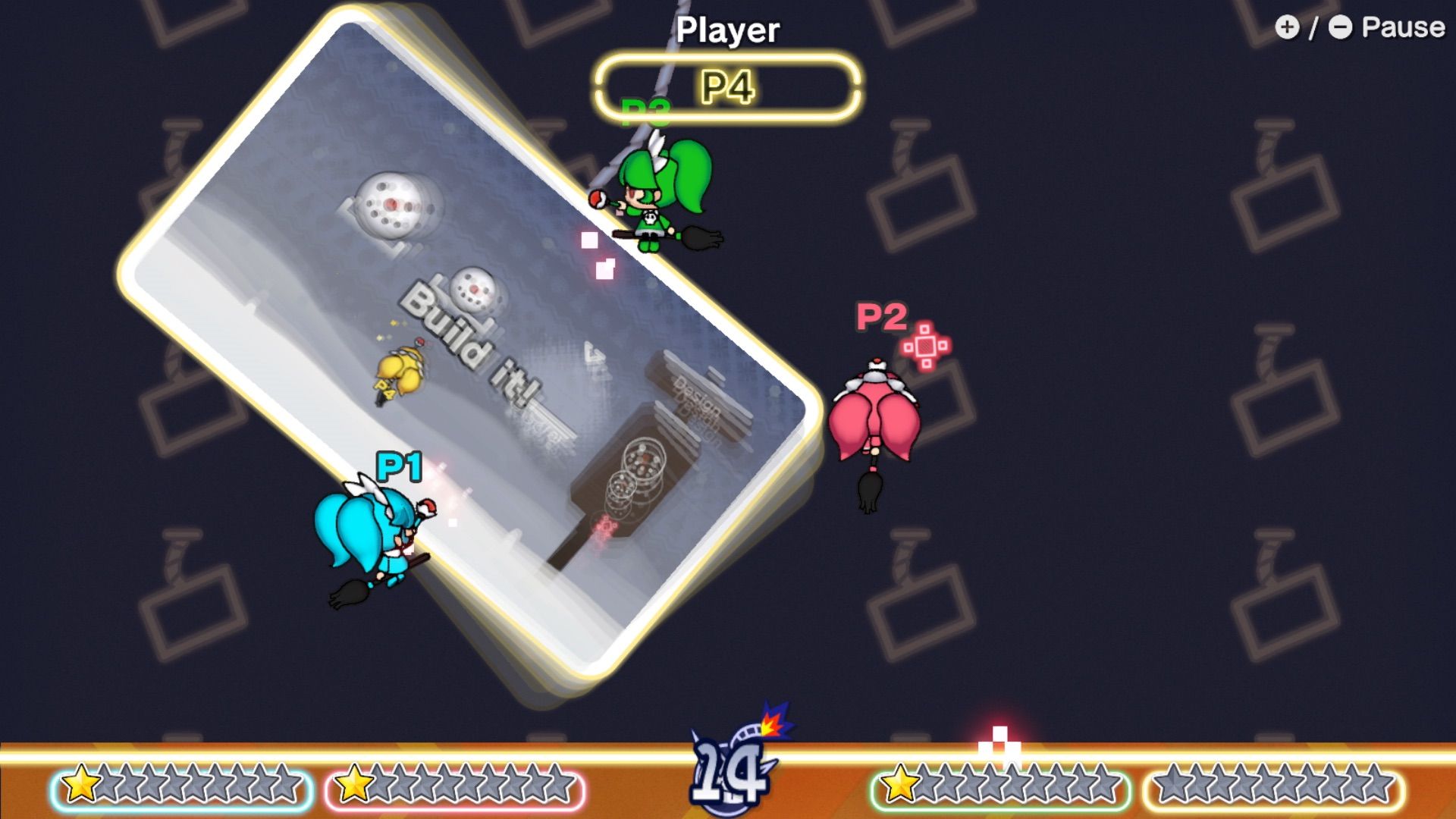 Video game screenshot of three characters shaking a smaller in-game screen on which another character is trying to complete a goal