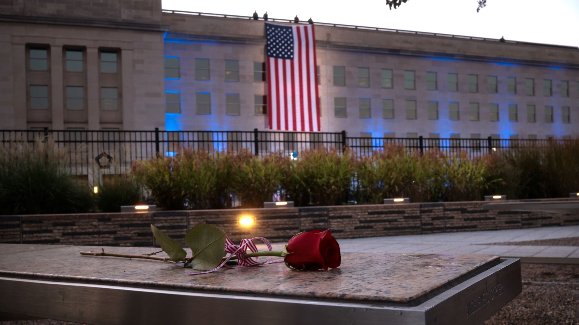 A rose lays at the 9/11 Pentagon Memorial