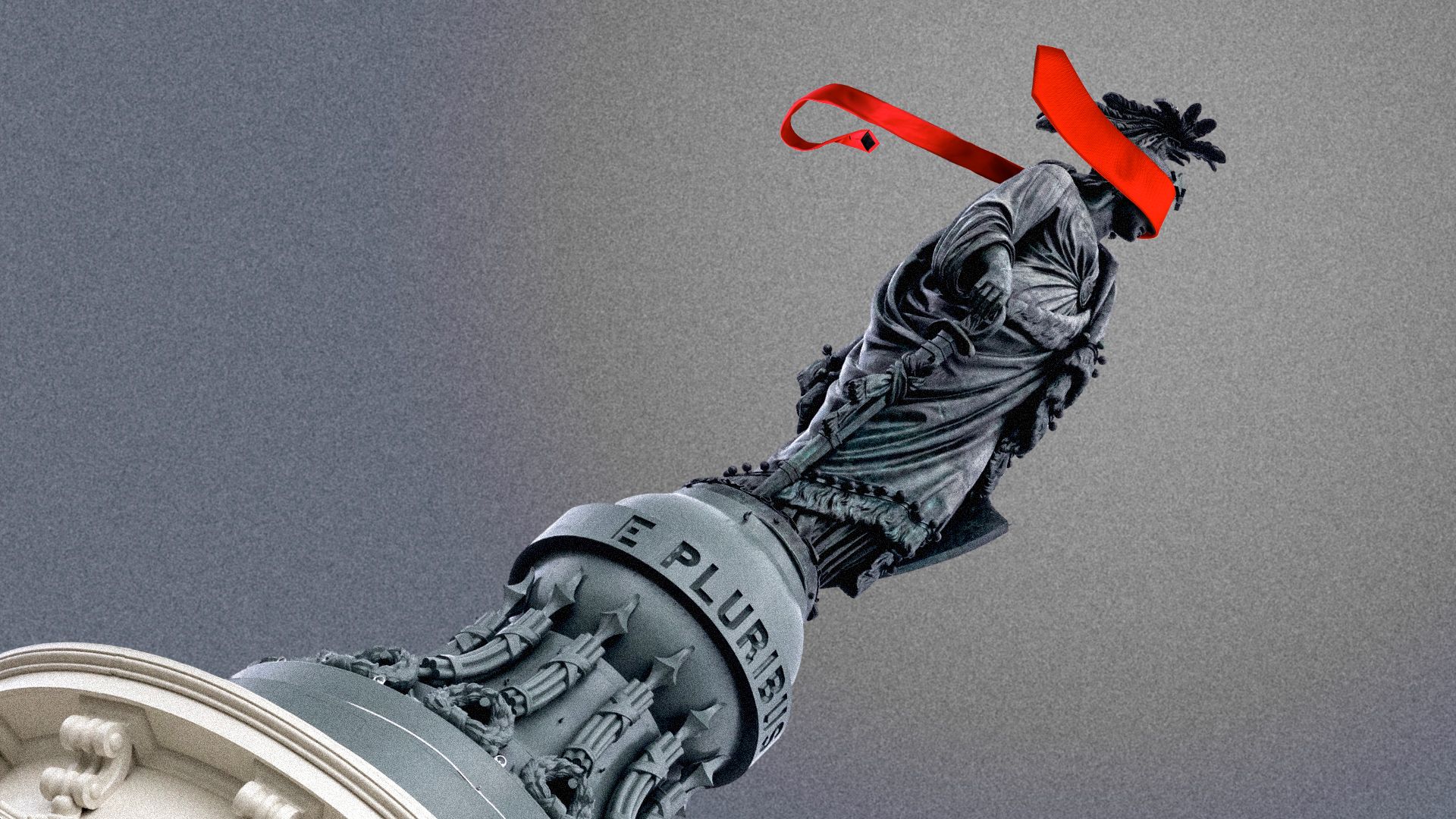 Photo illustration of the Statue of Freedom on top of the U.S. Capitol dome, with a red necktie covering its eyes.
