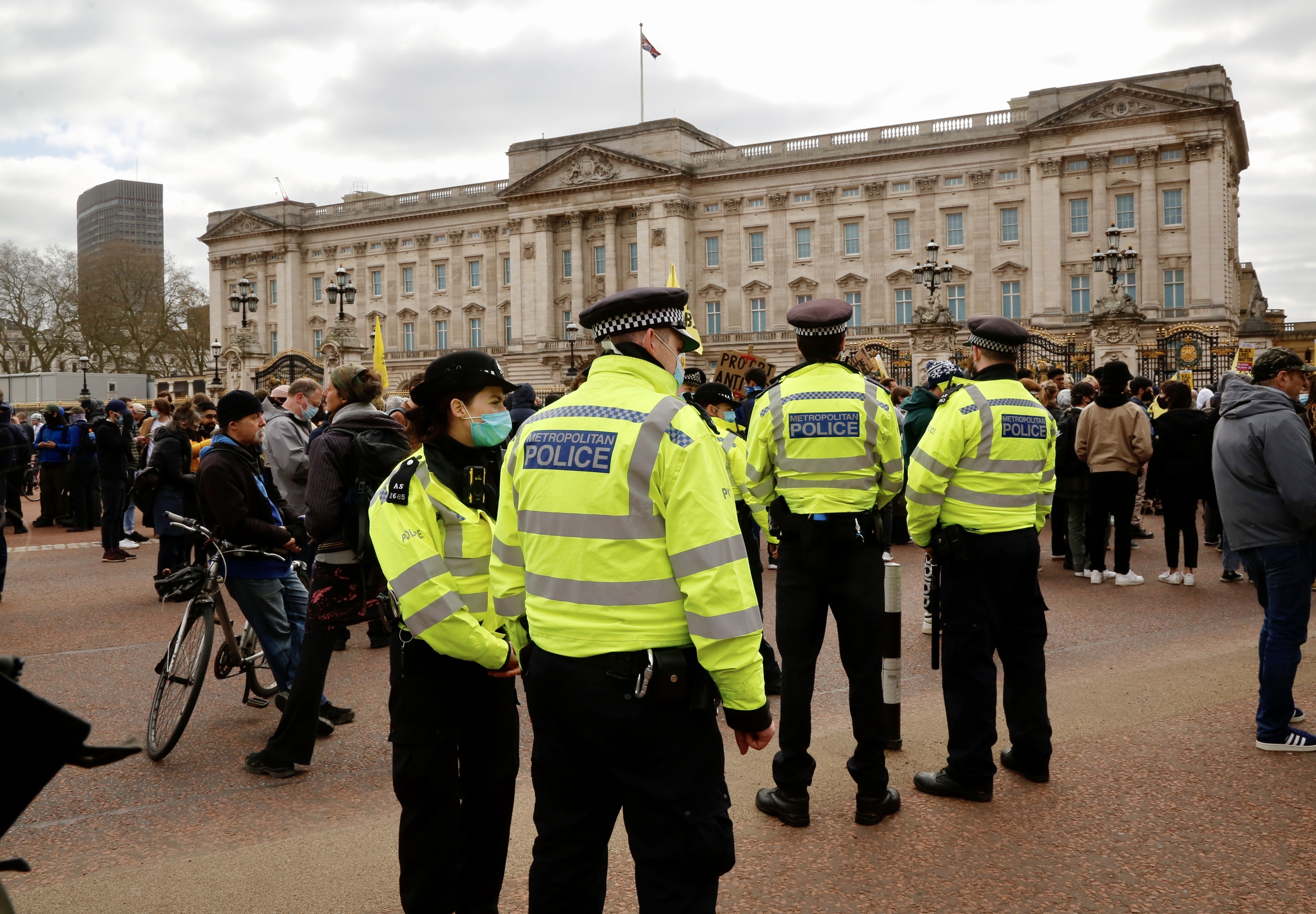Police monitoring a "kill the bill" protest in London on April 3.