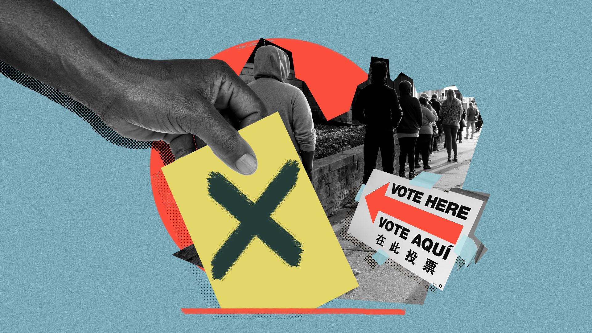 Photo illustration of a hand casting a ballot, people waiting in line to vote, and a sign that reads "vote here" in multiple languages