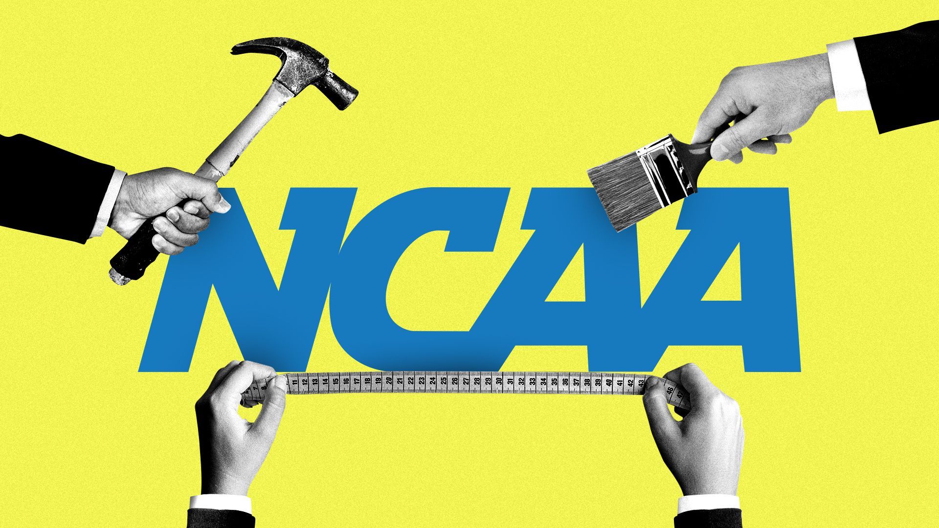 Illustration of hands holding a paintbrush, hammer, and measuring tape up against the NCAA logo.