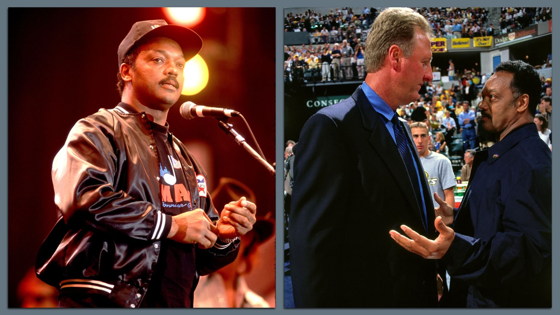 Rev. Jesse Jackson speaking during the Farm Aid Festival at the Hoosier Dome in 1990, and catching up with Larry Bird before Game 5 of the NBA Finals at Conseco Fieldhouse in 2000.