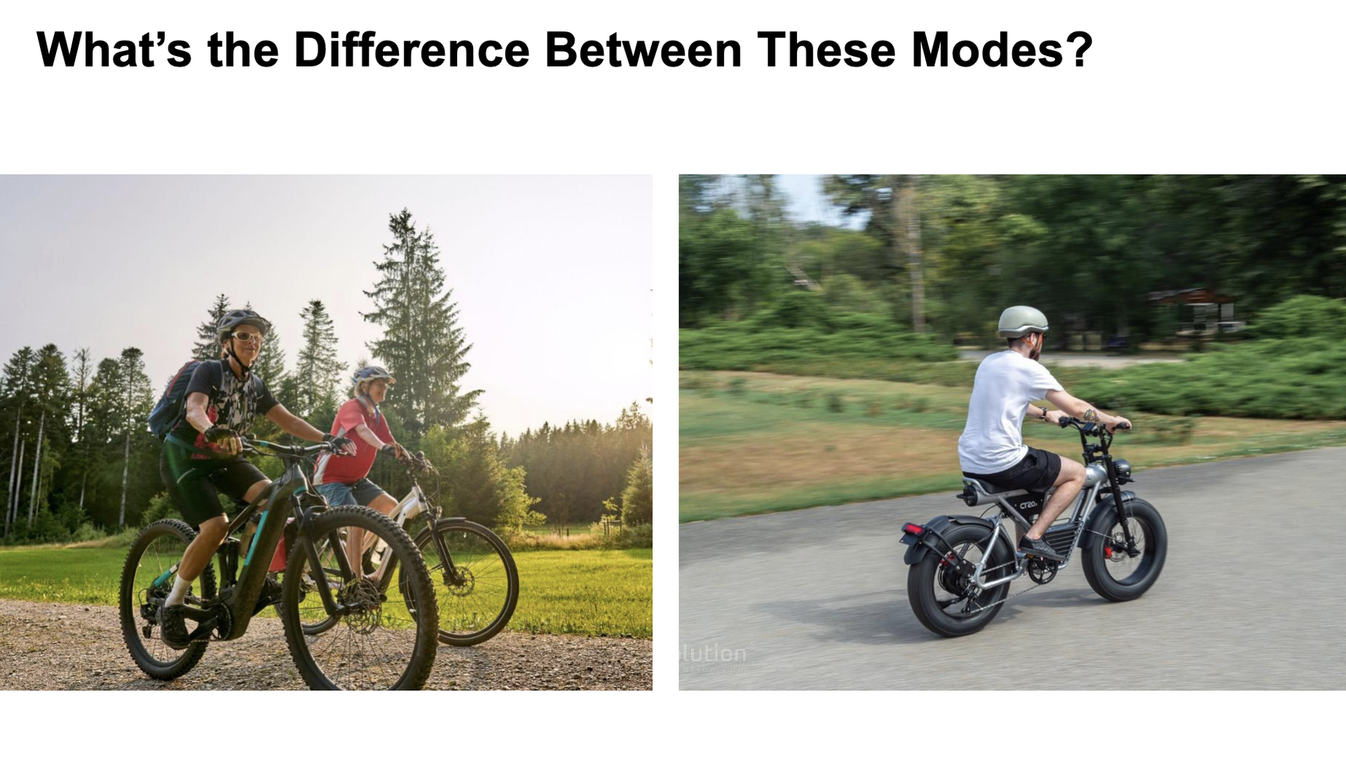 Split image: left shows two helmeted cyclists on fat-tire mountain bikes on a dirt trail through a forest; right shows a man in a white shirt on a black electric bike on a paved park path.