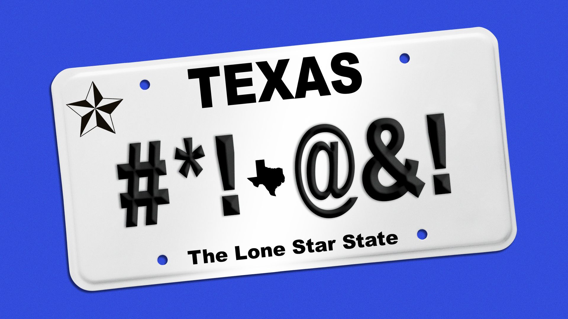 Illustration of a Texas vanity license plate with symbols implying a swear word.