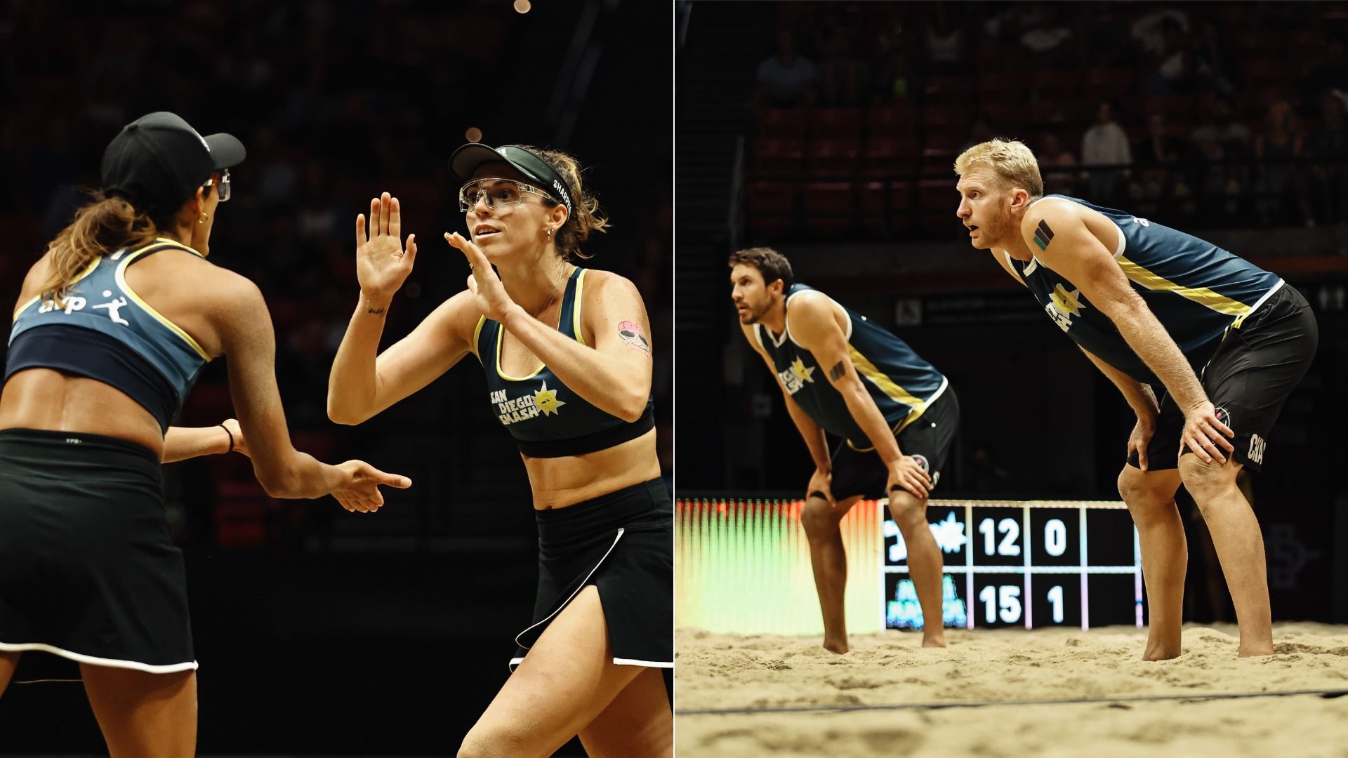 Side by side photos of two female beach volleyball players high fiving each other (left) and two men's players standing with their hands on their knees on the court (right).