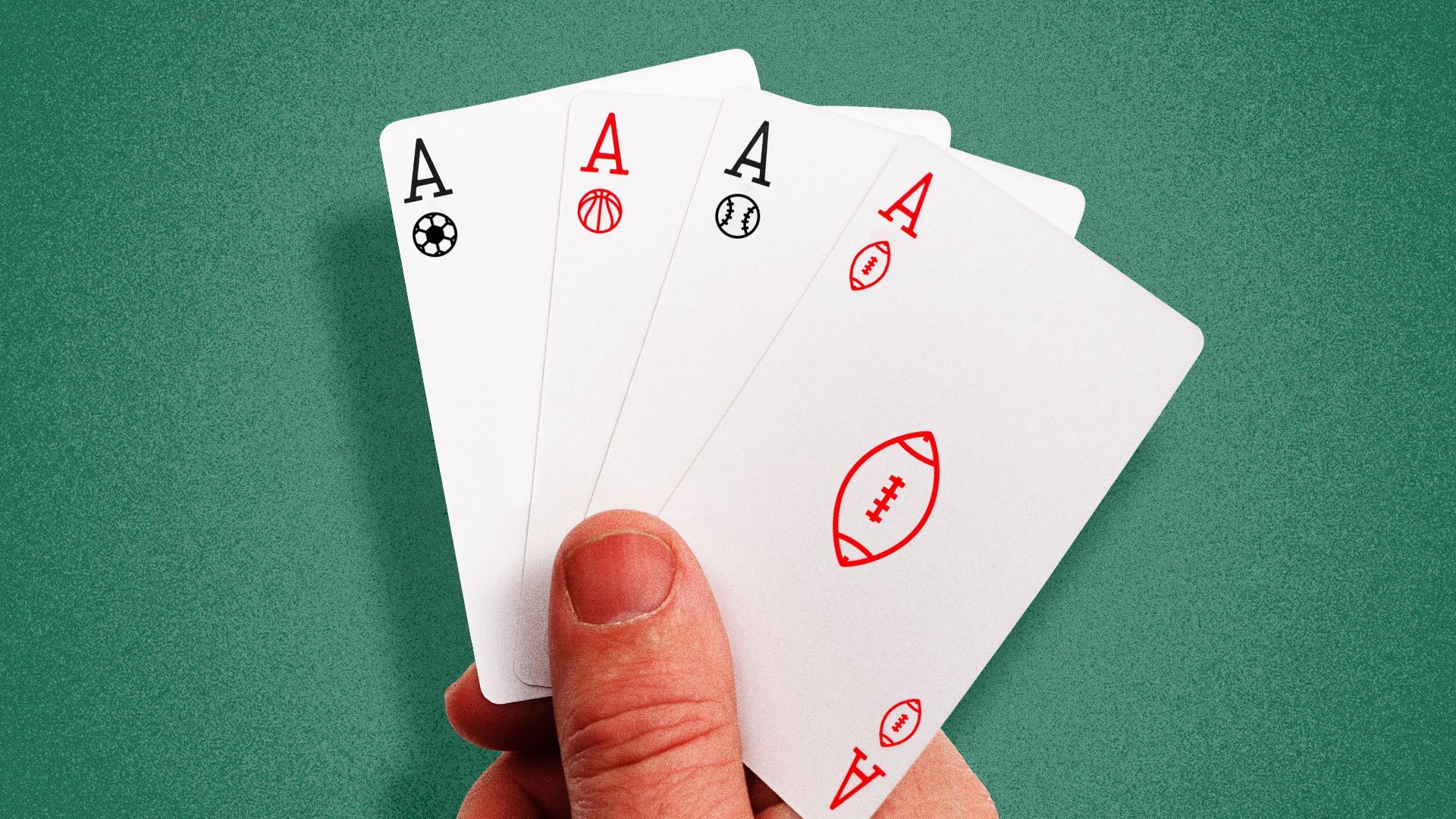 Illustration of someone holding playing cards with different sports balls on them instead of suits. 
