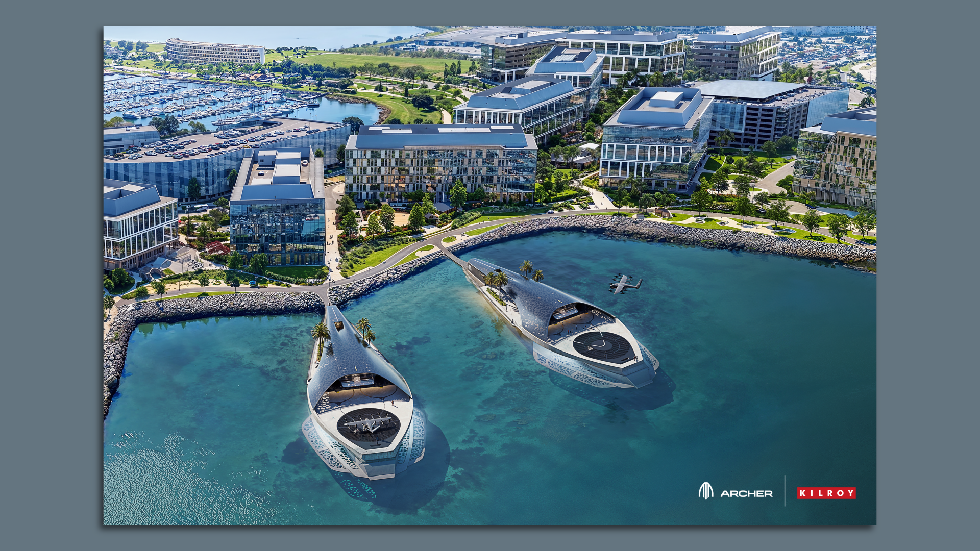 Rendering of a planned waterfront vertiport for air taxis in San Francisco. 