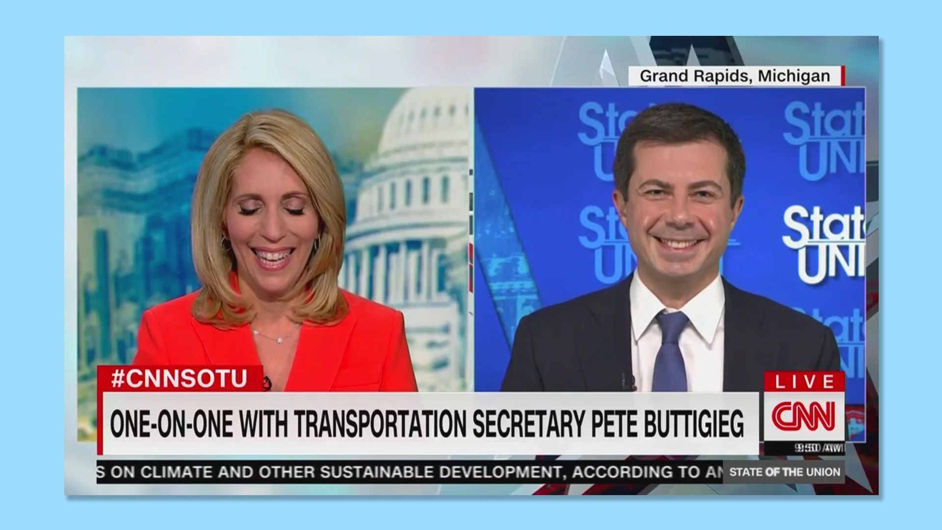CNN's Dana Bash and Transportation Secretary Pete Buttigieg are seen laughing as they discuss his children's first Halloween costume.