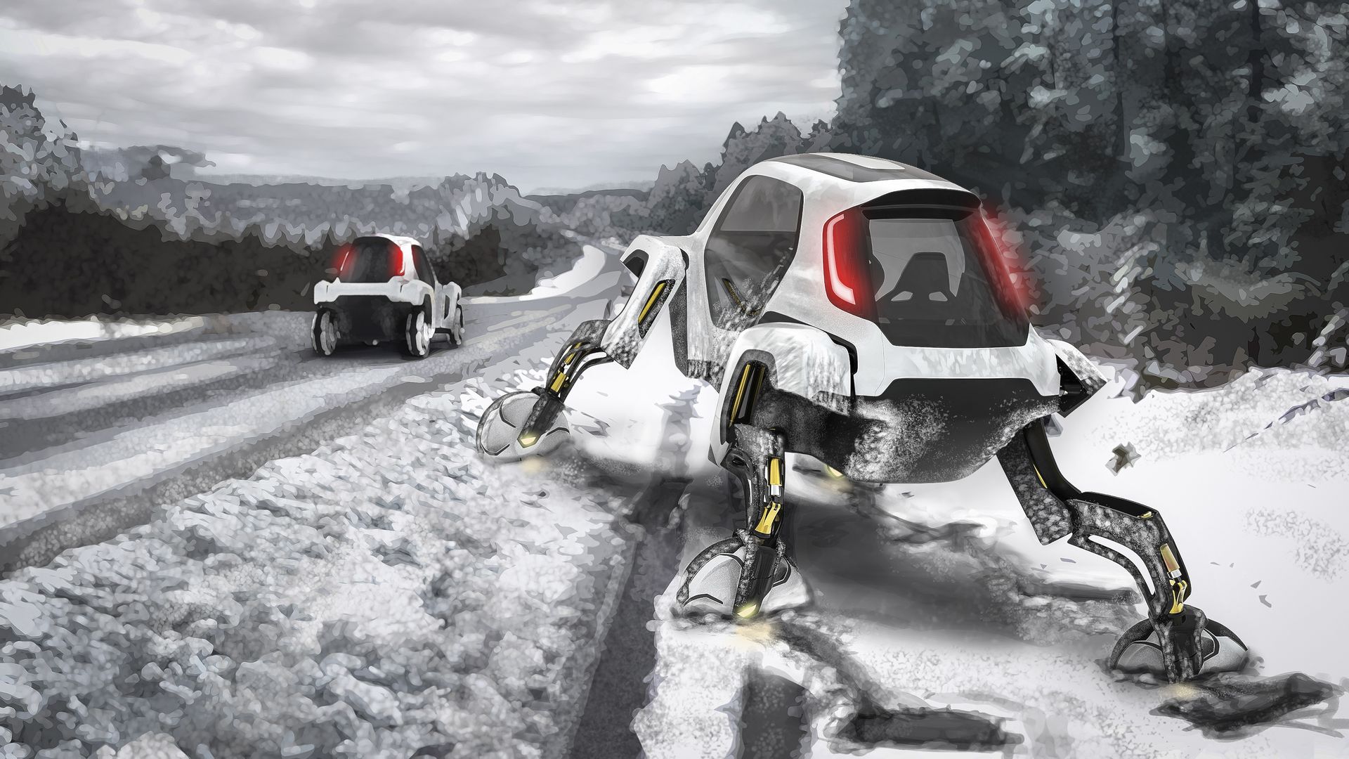 Image of Hyundai's Elevate "walking car" concept crawling out of a snow-filled ditch.