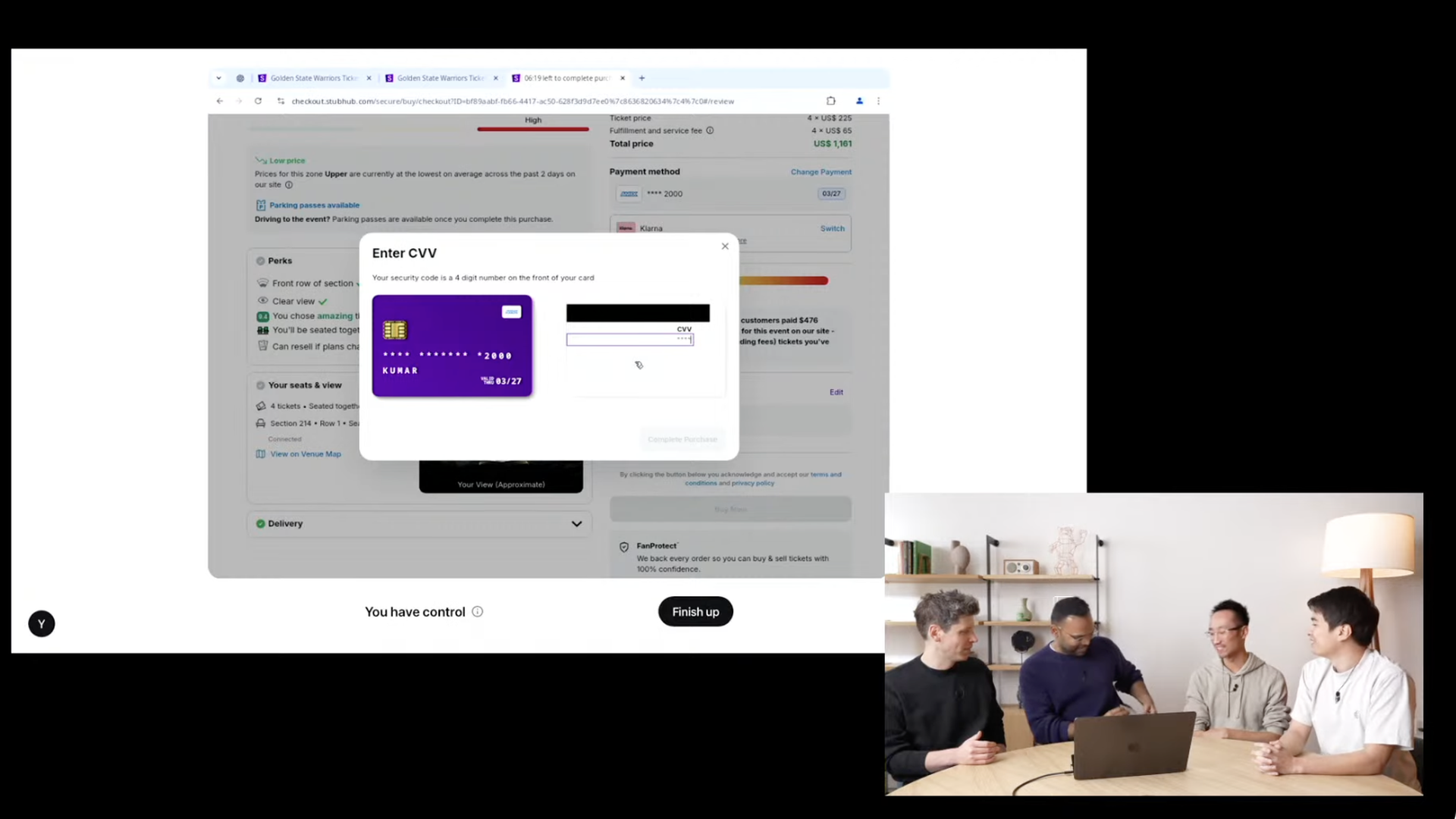 Screenshot of an OpenAI Operator demo with a browser screen open to a credit card entry window and OpenAI's Sam Altman and developers in an inset video window