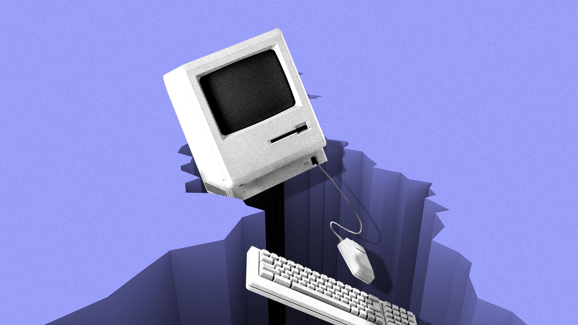 Illustration of a computer falling down into a chasm.