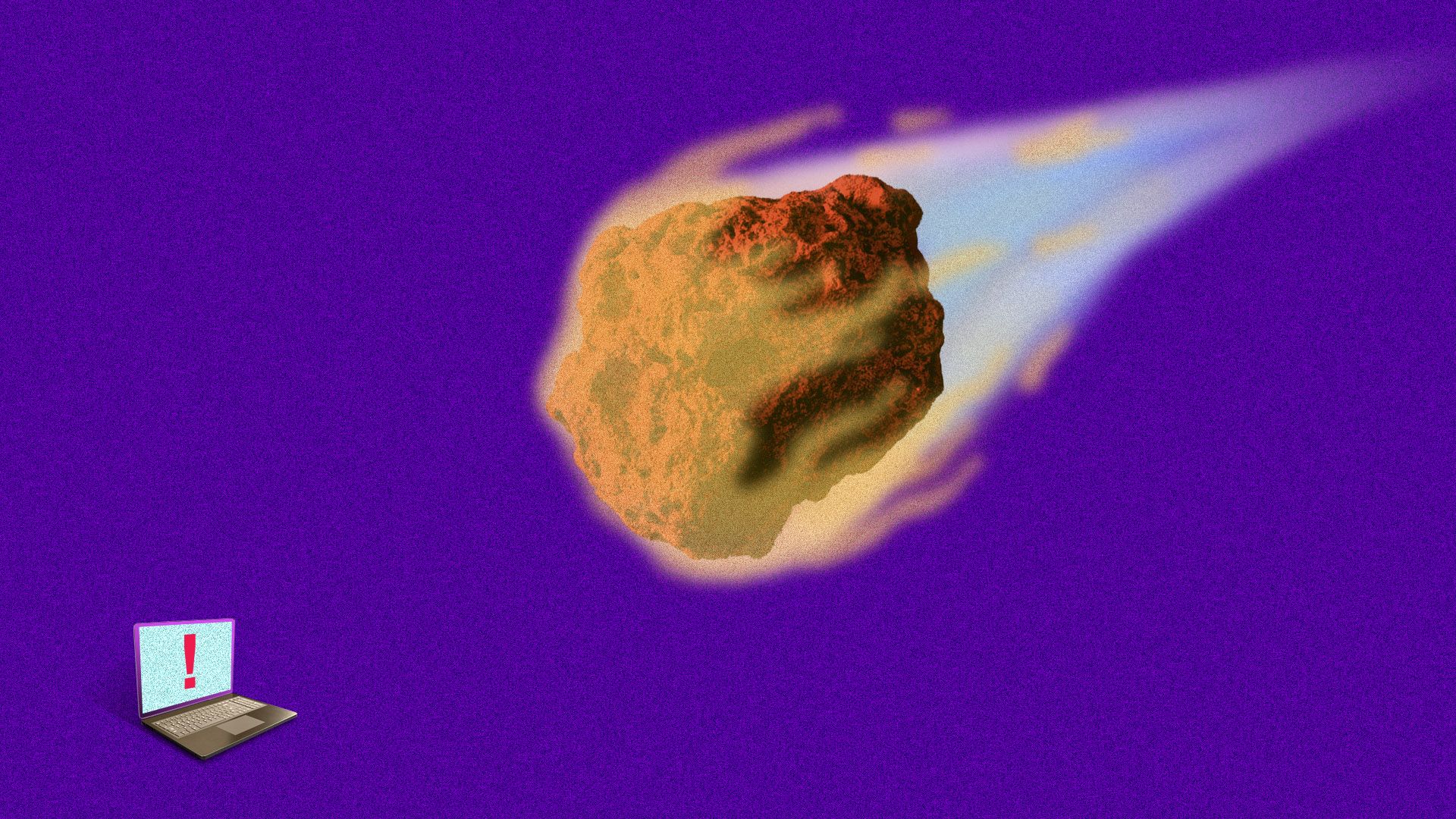 An illustration of a flaming meteor headed for a laptop, over a purple background.
