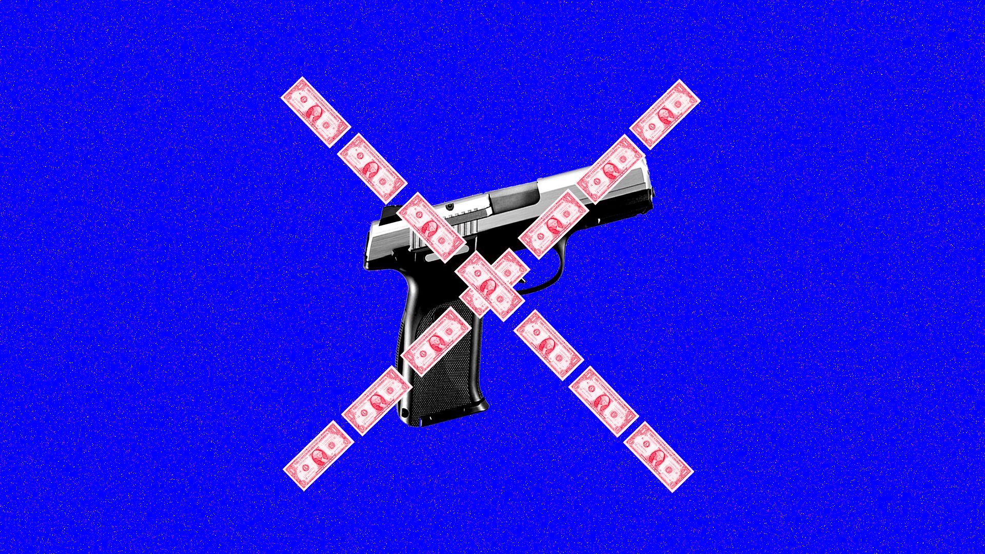 Illustration of money ins the shape of an X over a gun