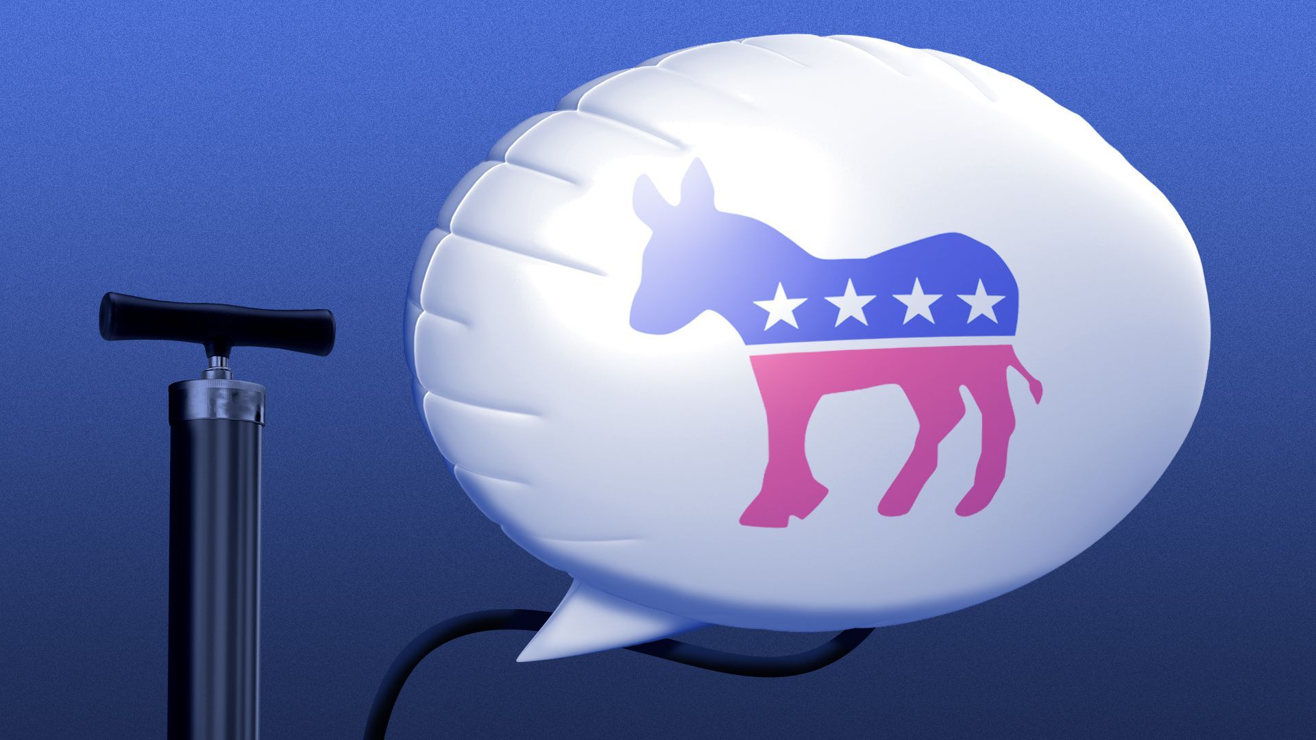 Illustration of a bike pump pumping up a speech-bubble balloon with the Democratic Party donkey on it