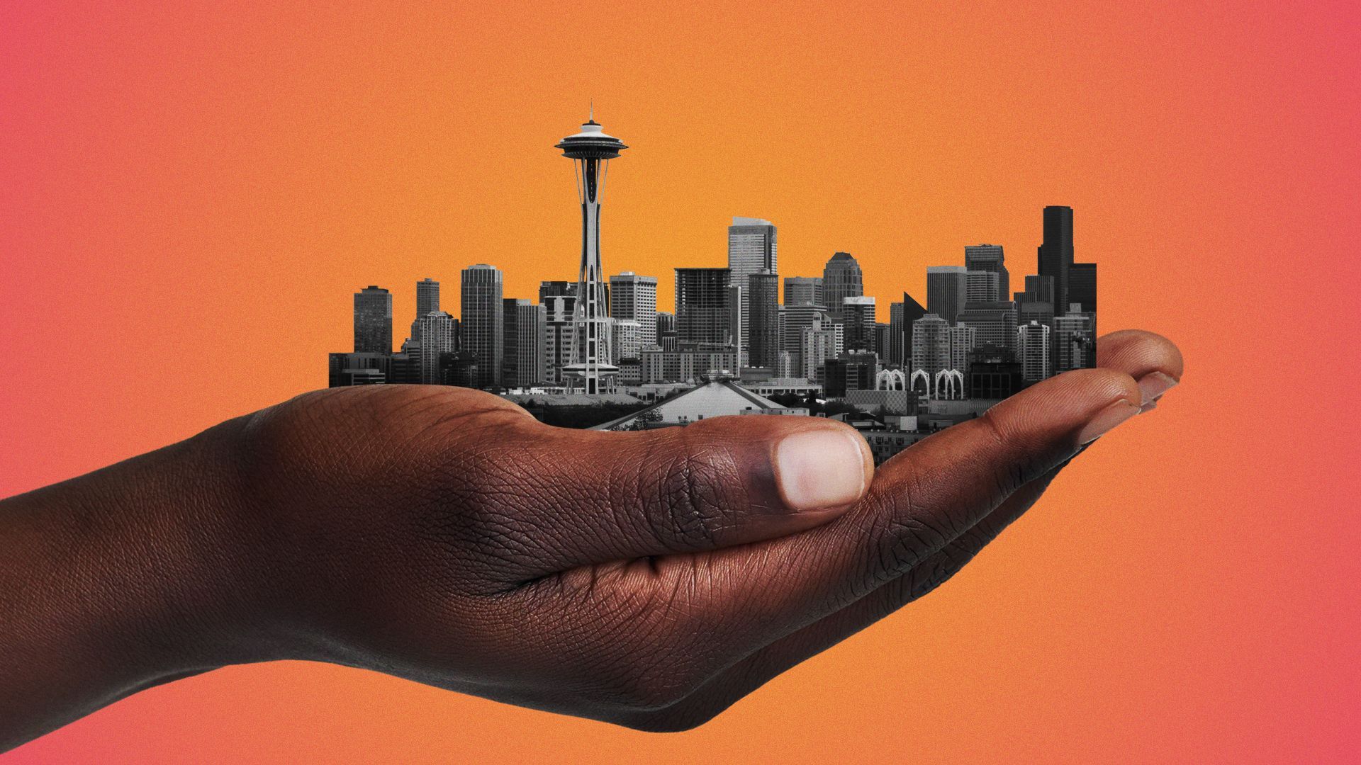 Illustration of a Black woman's hands holding the city of Seattle.