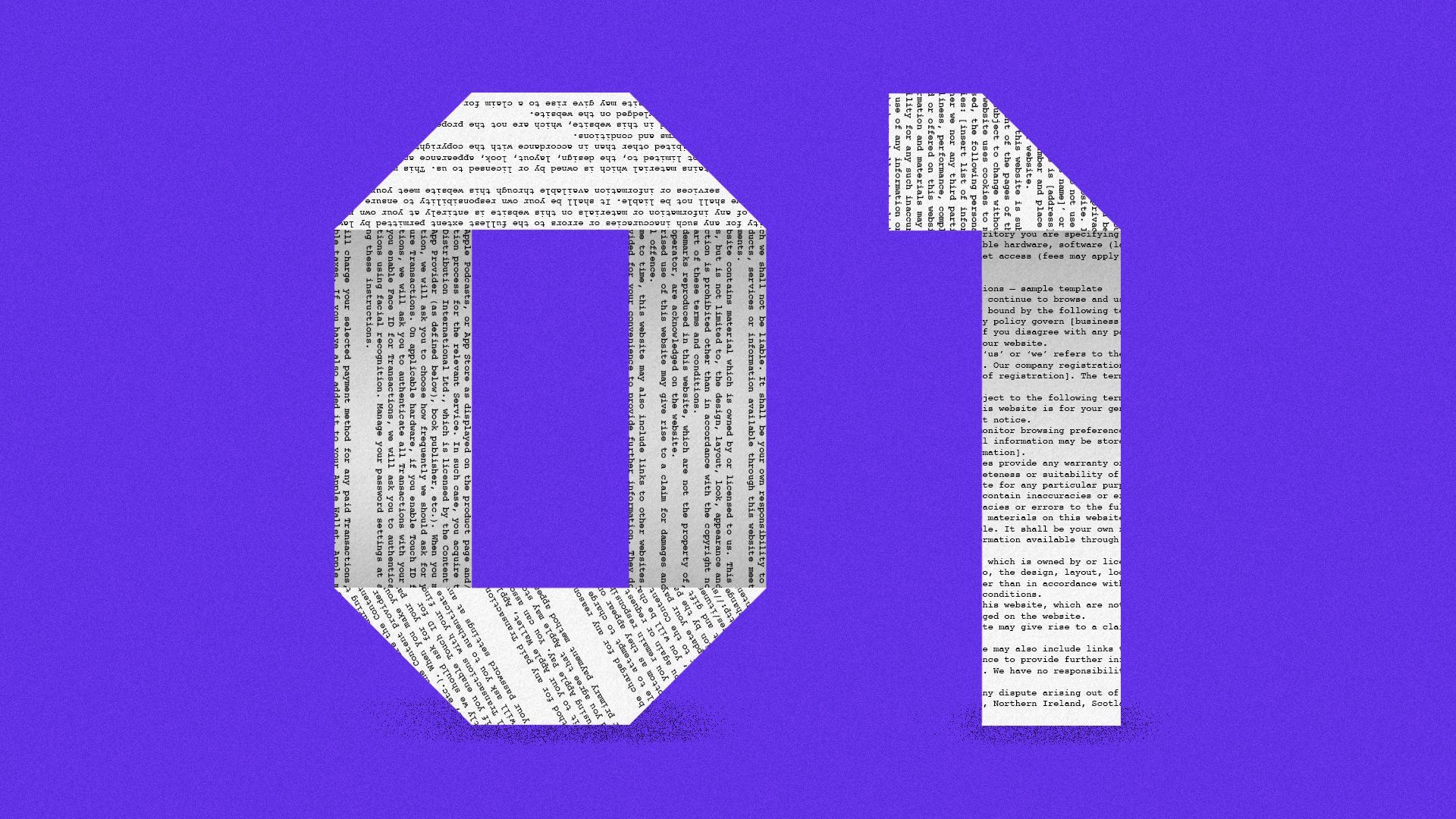 Illustration of binary code numbers made out of paper with terms and conditions printed on the paper. 