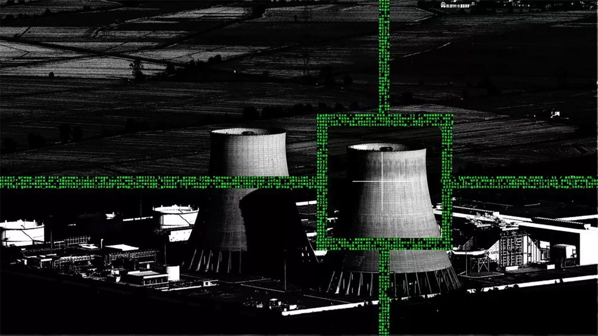 Illustration of a nuclear power plant with a scope made out of computer code around it.