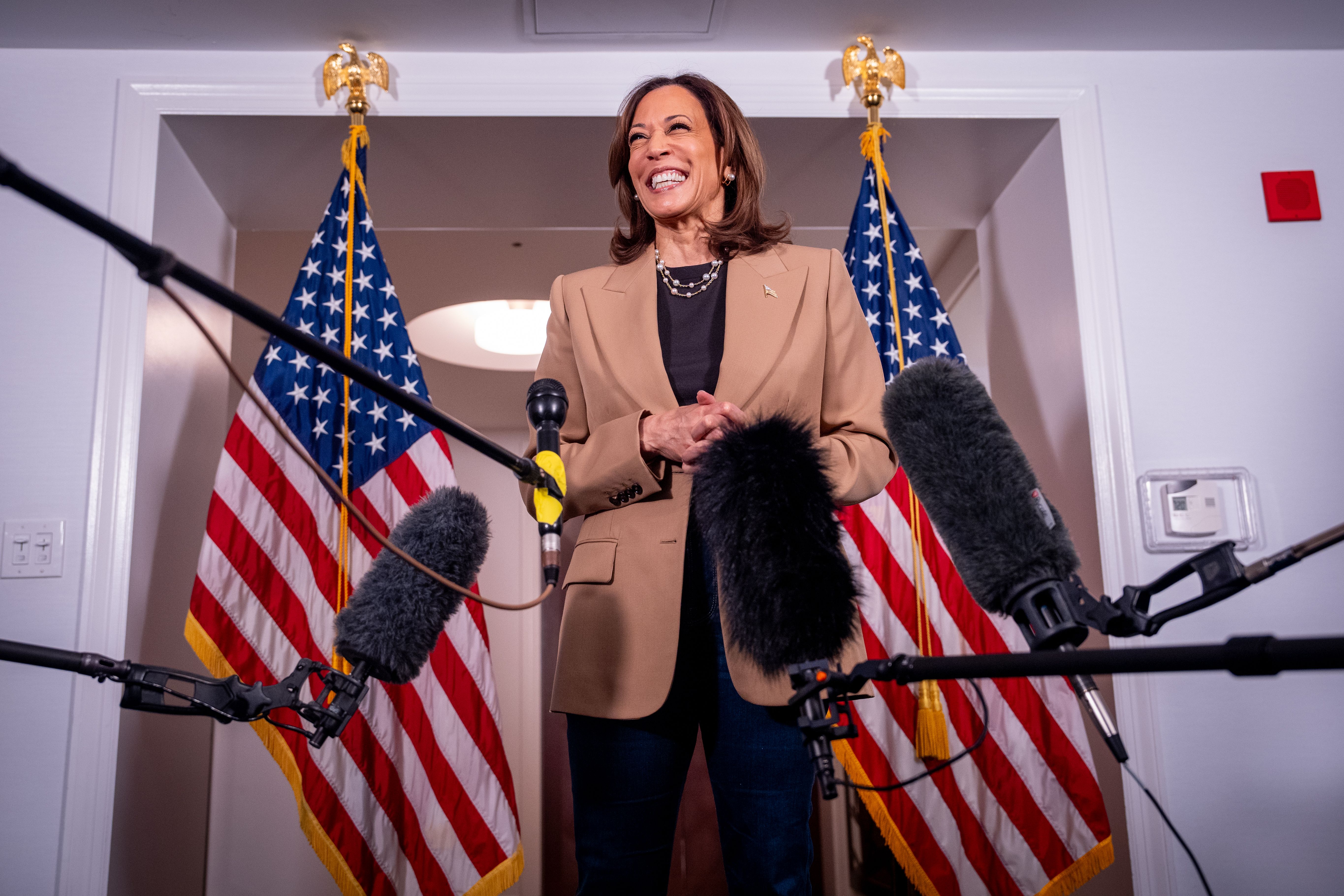 Vice President Harris speaks to the media in Philadelphia on Thursday.