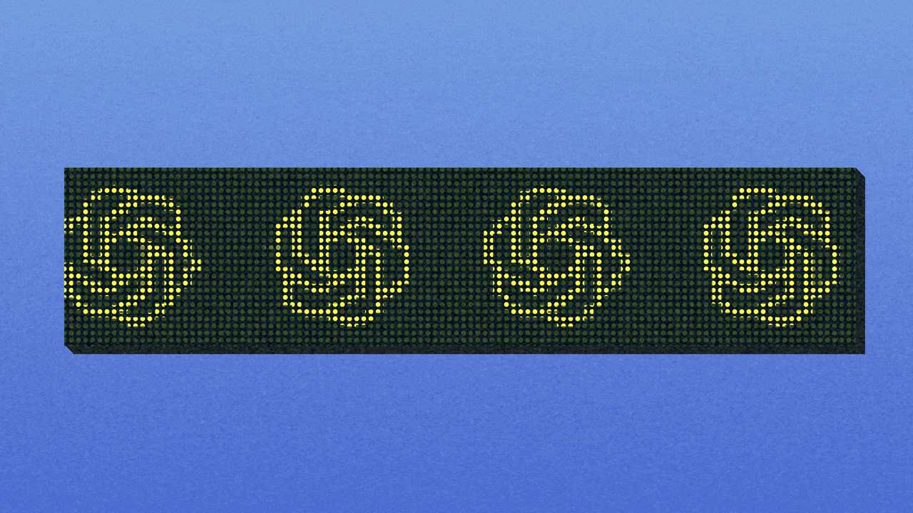 Animated illustration of a digital stock ticker with the OpenAI logo moving from right to left.