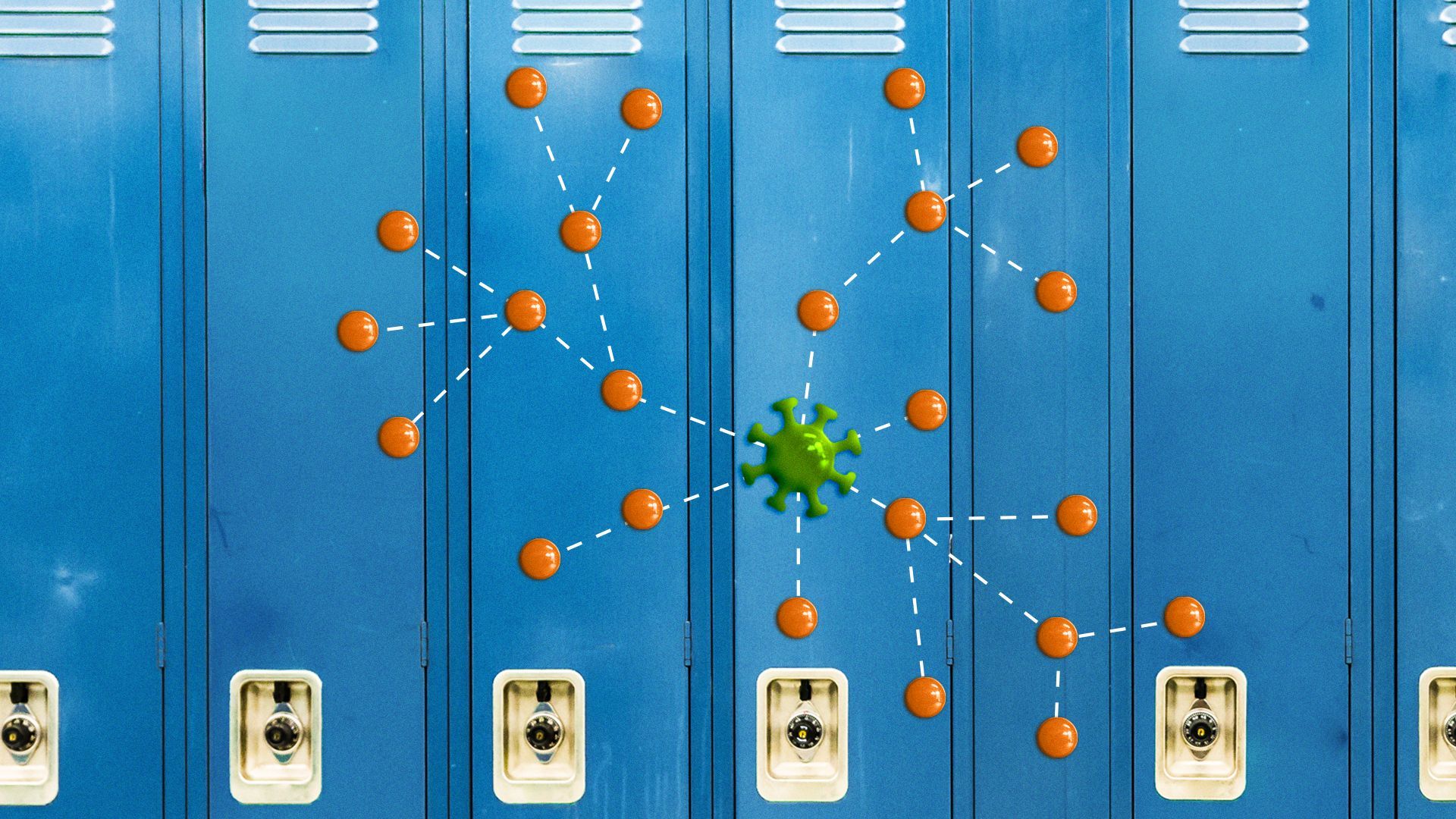 Illustration of magnets on a school locker in the shape of a contact tracing chart.