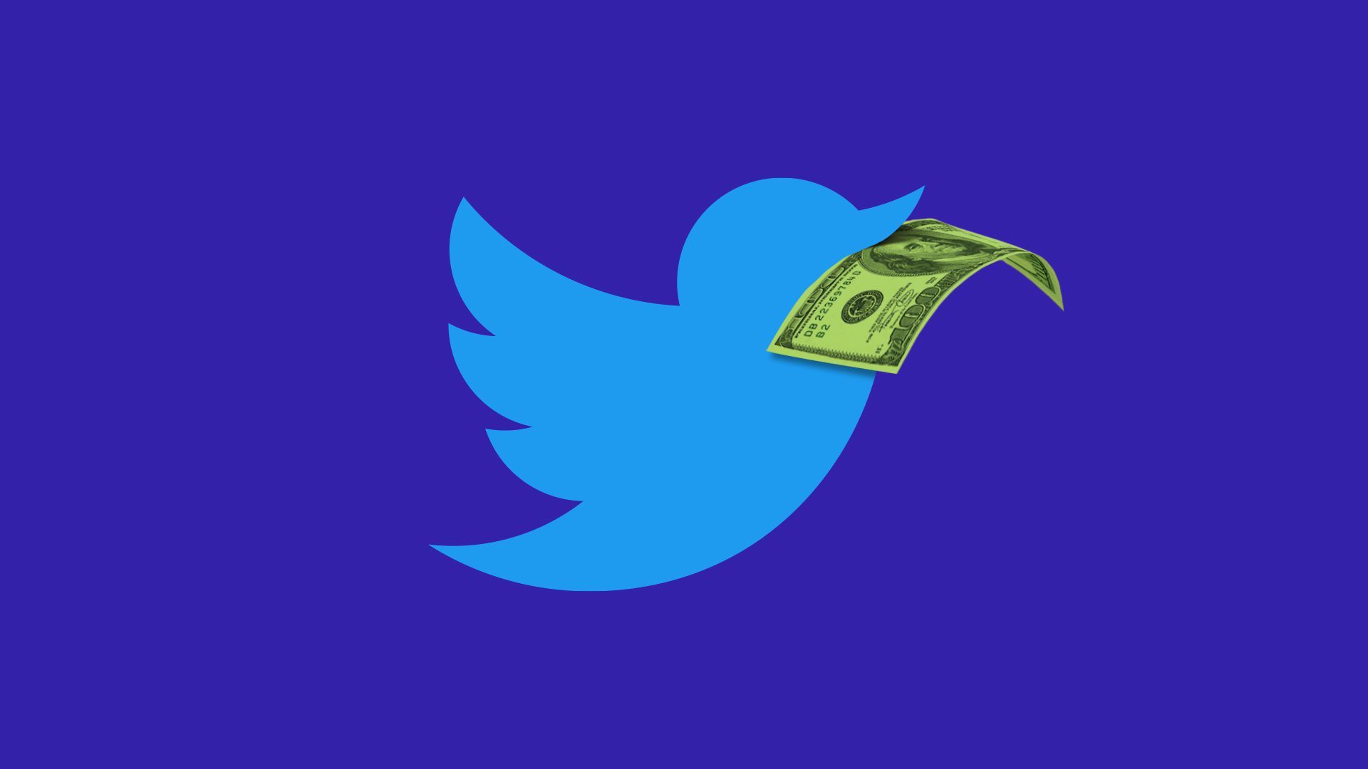 Illustration of the Twitter bird with a hundred dollar bill in its beak.   