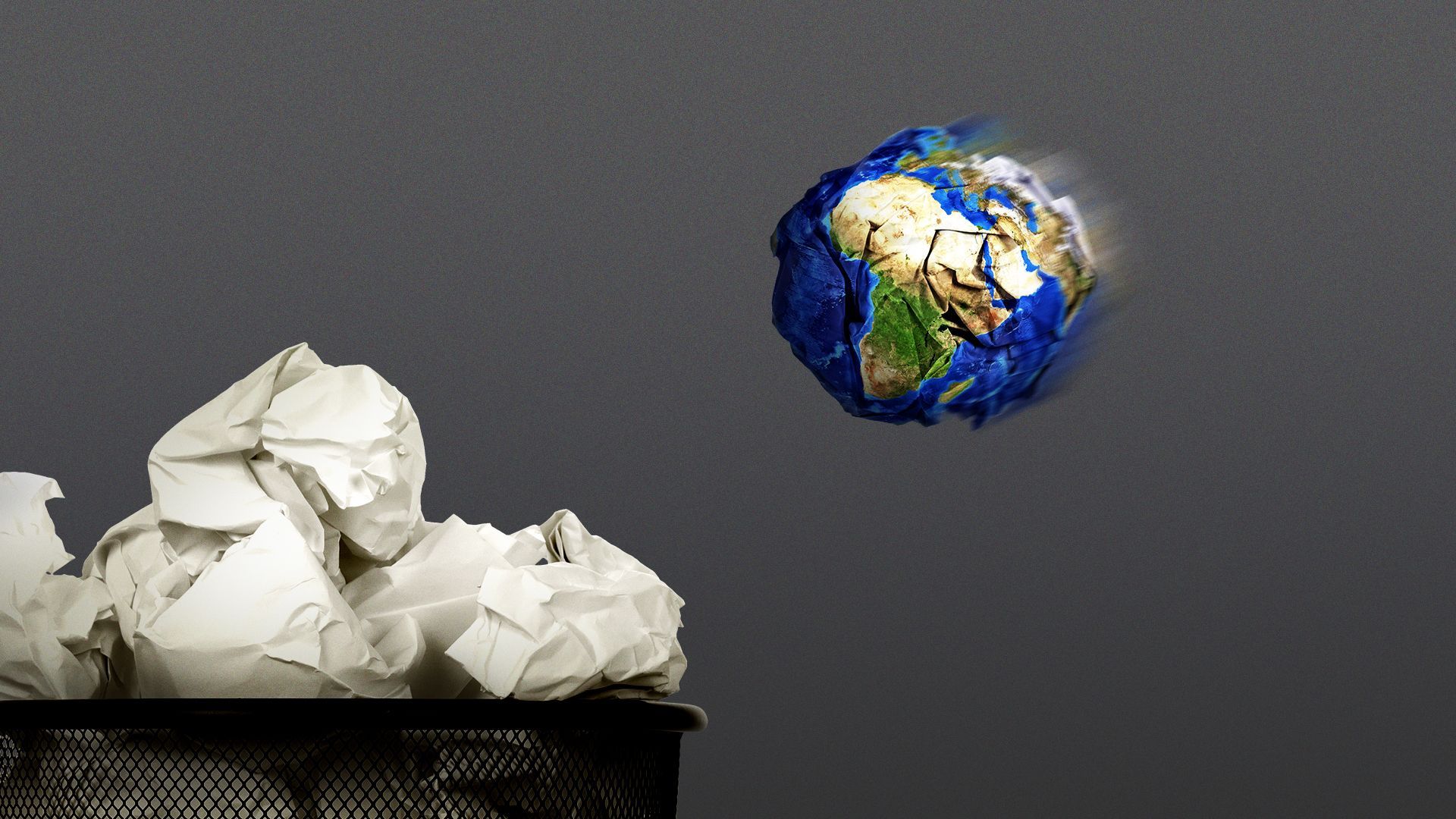 Illustration of a crumped paper ball with the earth overlayed, being thrown in the trash.