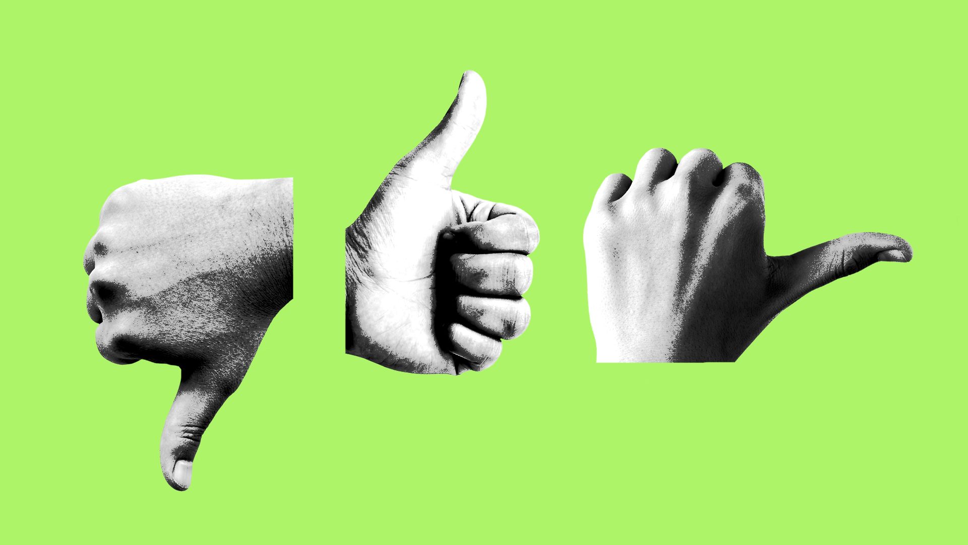 Illustration of three hands: thumbs down, thumbs up, and a sideways thumb.