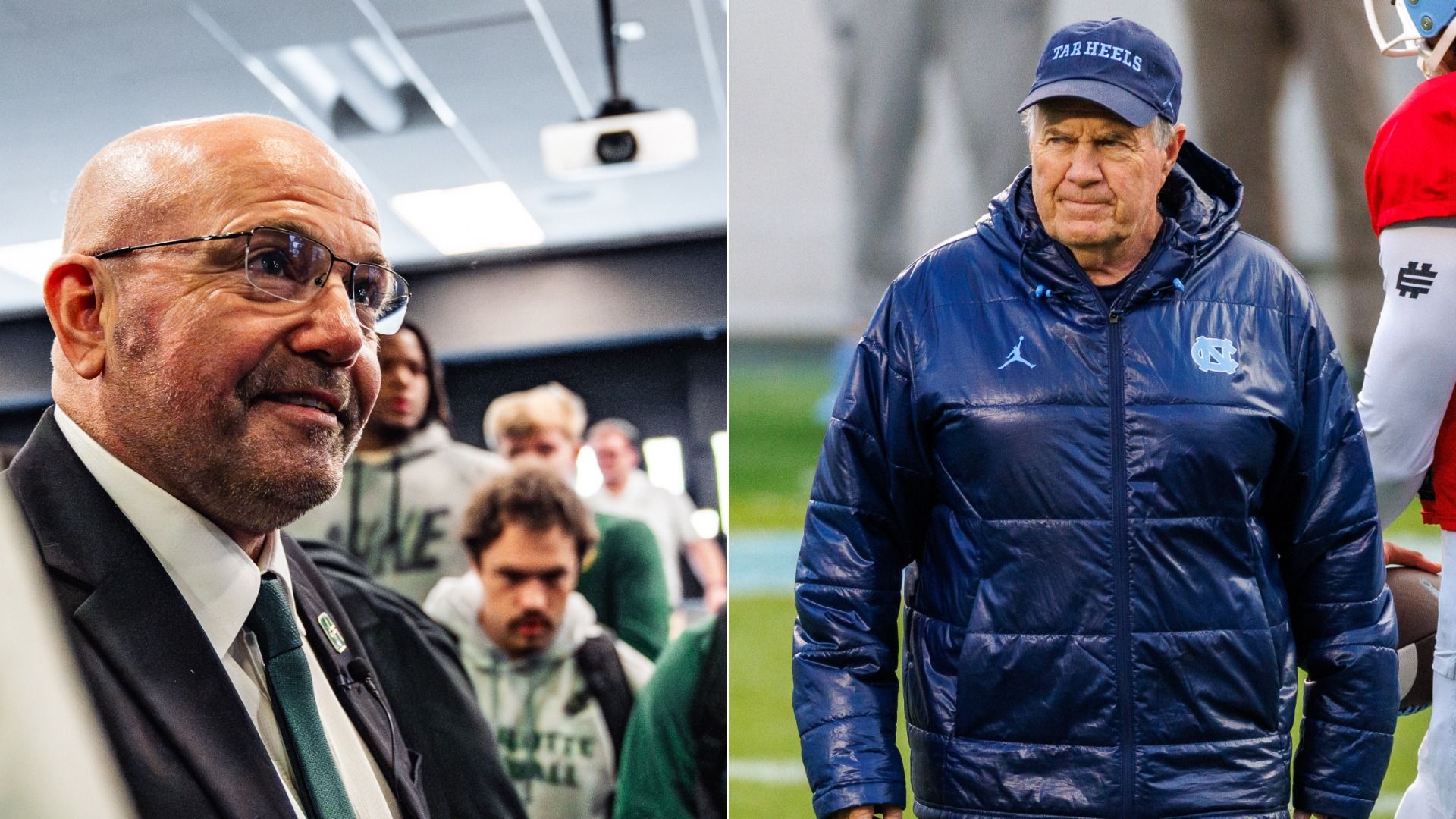 Side-by-side photos: Charlotte 49ers head football coach Tim Albin addresses players; Bill Belichick stands on a football field. 