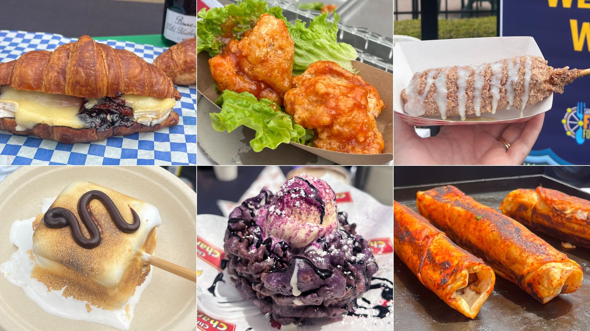Collage of foods: croissant cheese sandwich with jam; fried chicken bites with lettuce; sugar-dusted churro dog on a stick; toasted marshmallow treat; purple ube funnel cake; grilled chicken shwarma wraps.