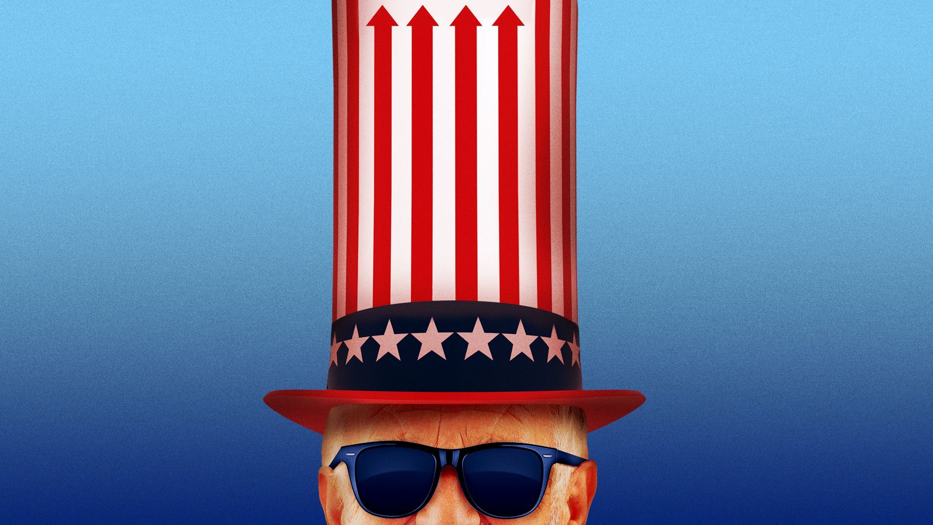 Illustration of Uncle Sam wearing sunglasses and wearing a hat with stripes forming upward arrows.