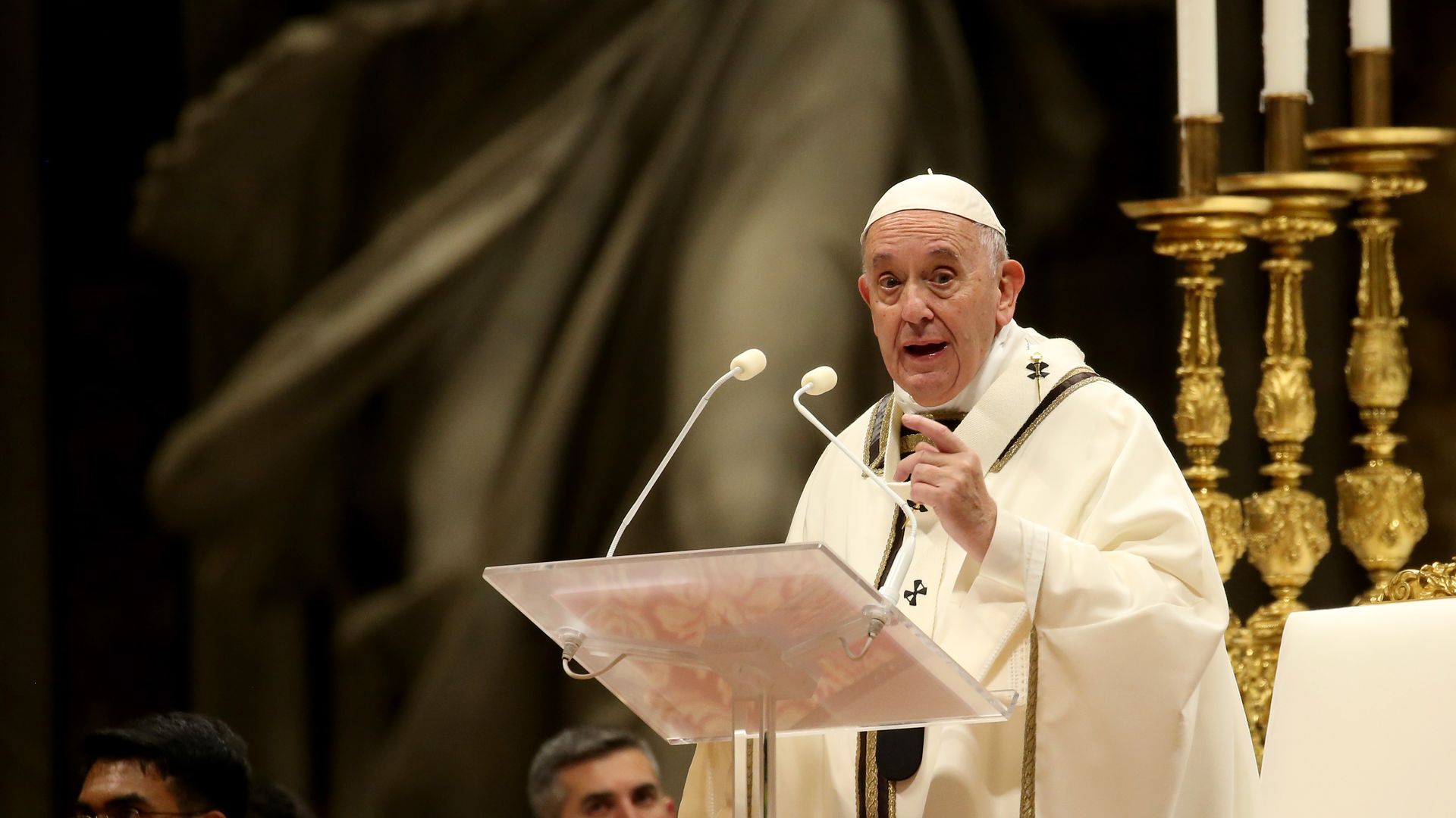  Pope delivers his homily during the Christmas Eve Mass in St. Peter's Basilica on December 24, 2019 in Vatican City, Vatican.