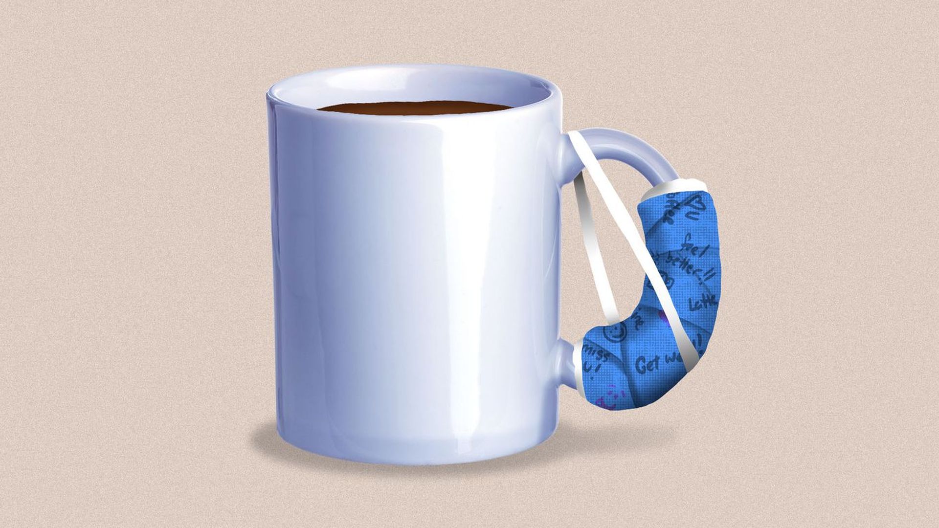 Illustration of a coffee mug with a broken handle wearing a sling. 