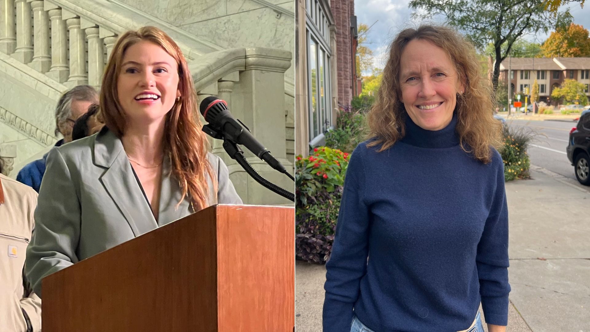 Two women: one speaking at a wooden podium inside a marble building, wearing a light gray jacket; the other smiling outdoors in a navy blue sweater on a sidewalk with trees and buildings in the background.