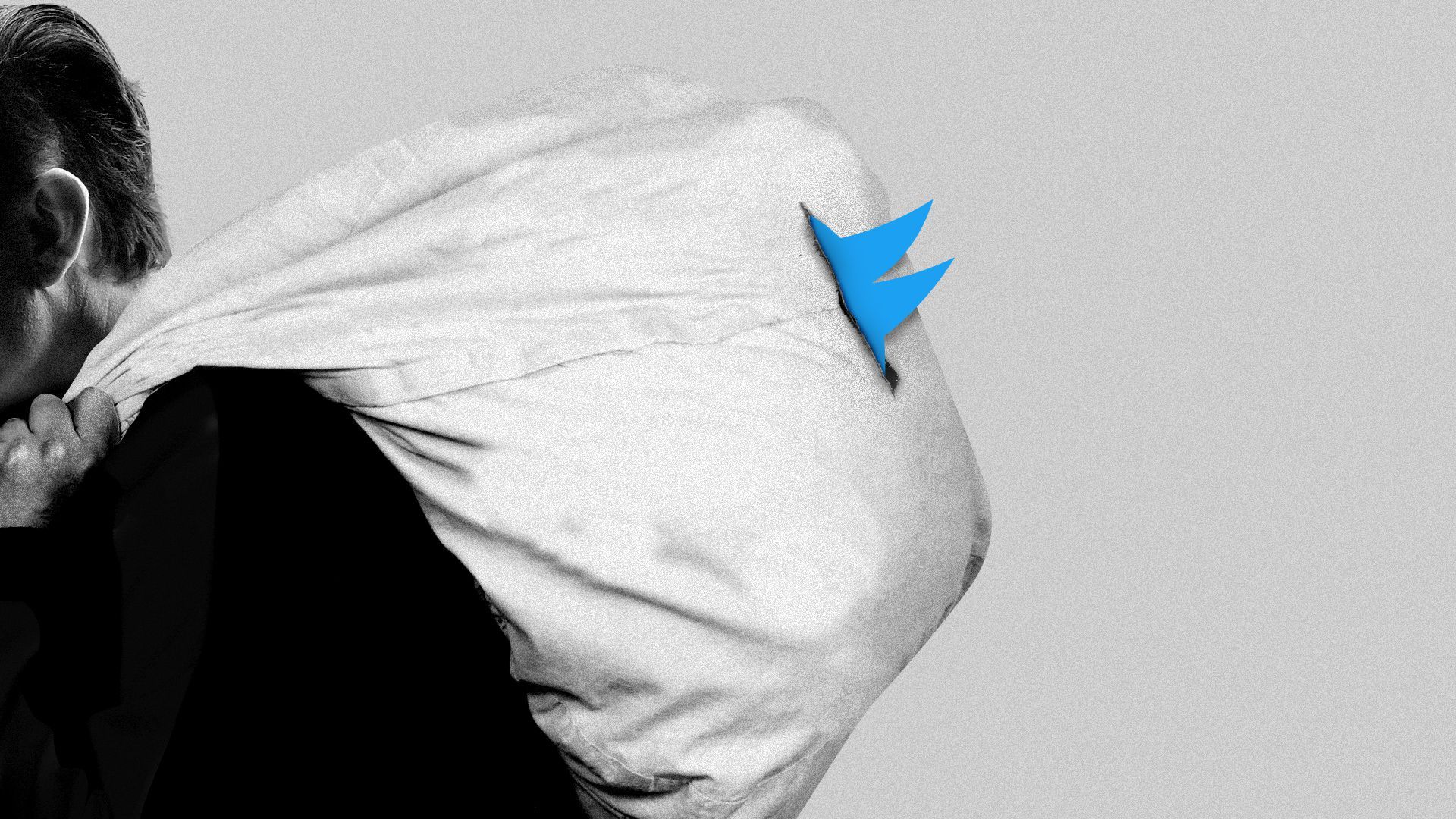 Illustration of Elon Musk holding a sack over his shoulder with the Twitter bird's beak poking out of the bag. 