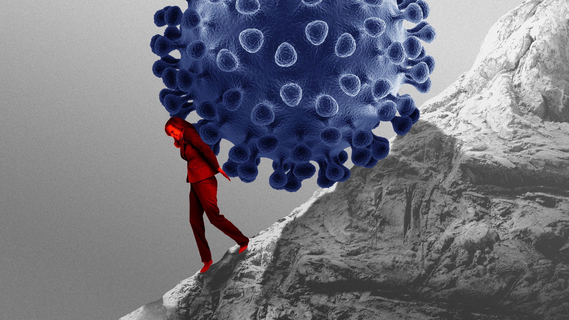 Illustration of a woman pushing a virus up a hill like Sisyphus