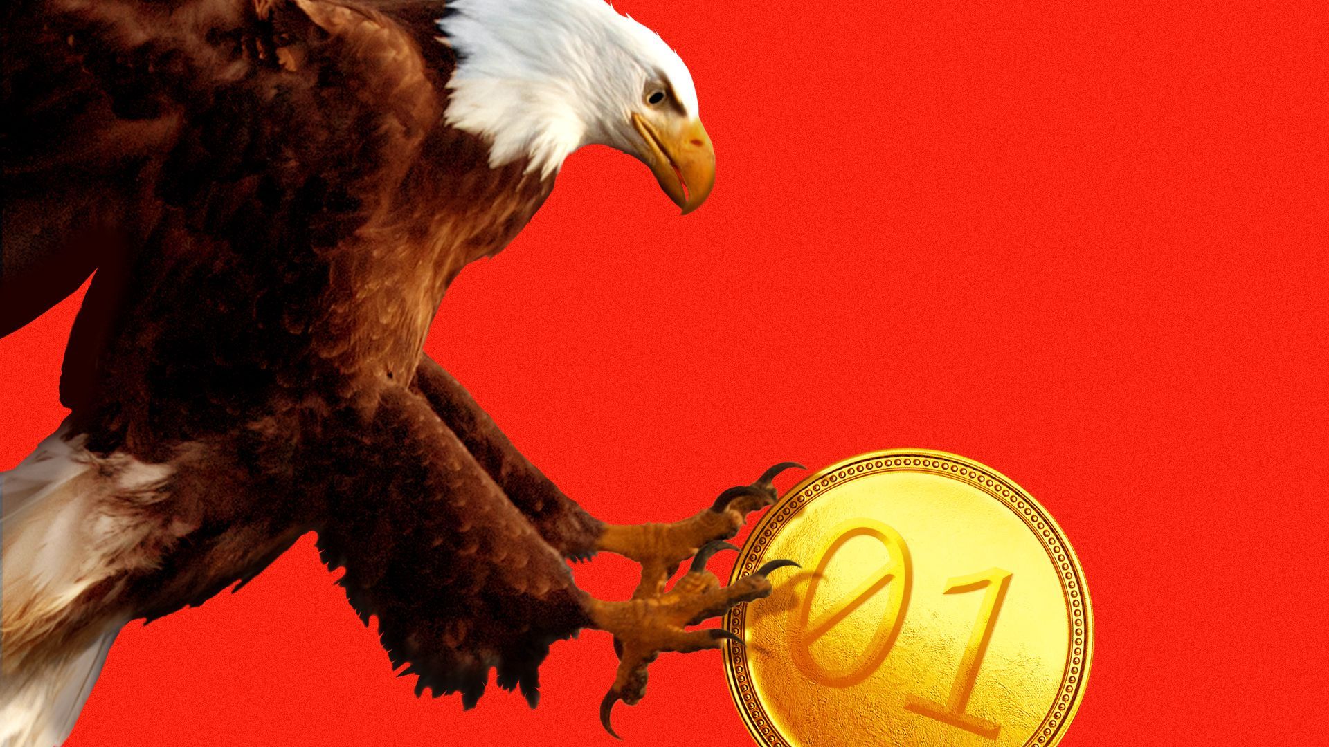 Illustration of a bald eagle flying down to grab a golden coin with binary code