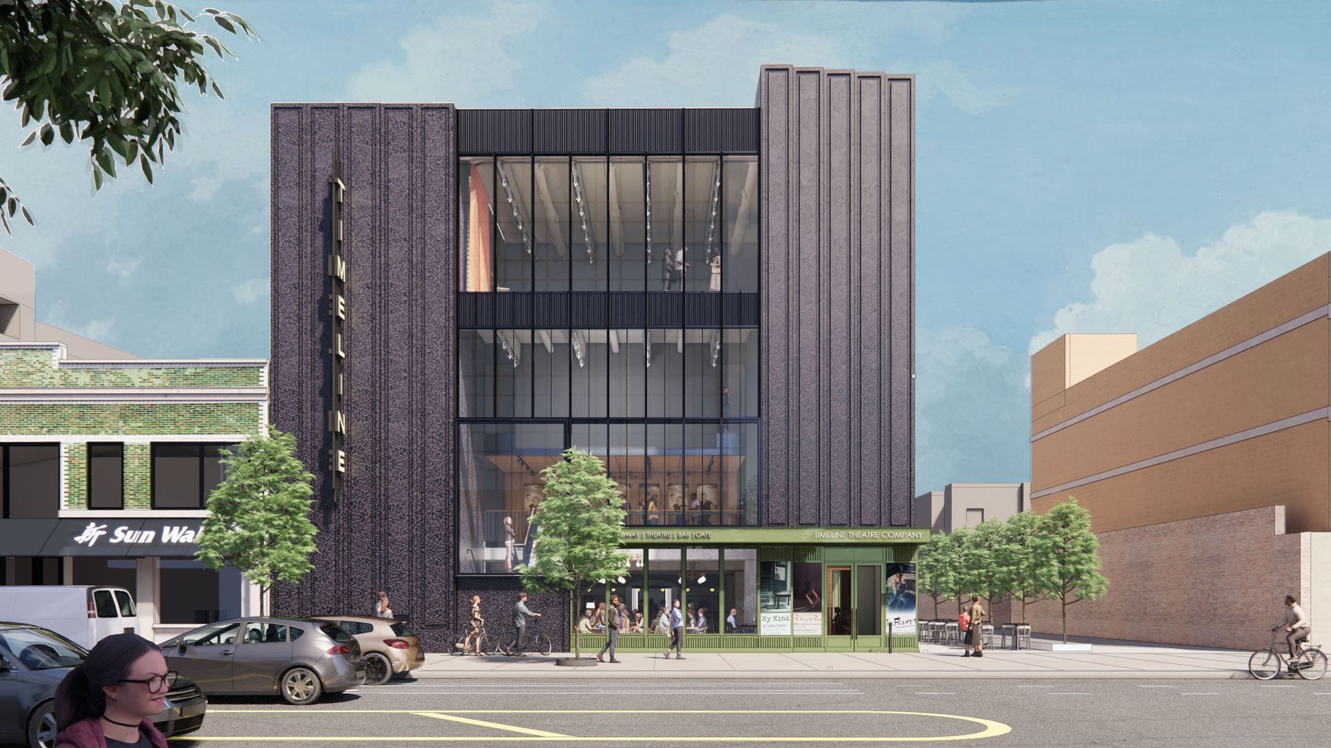 Three-story modern theater with a dark, grooved facade and a large glass front. Ground-floor green storefront labeled "Timeline Theatre Company." Pedestrians, trees, and parked cars line a sunny city street.