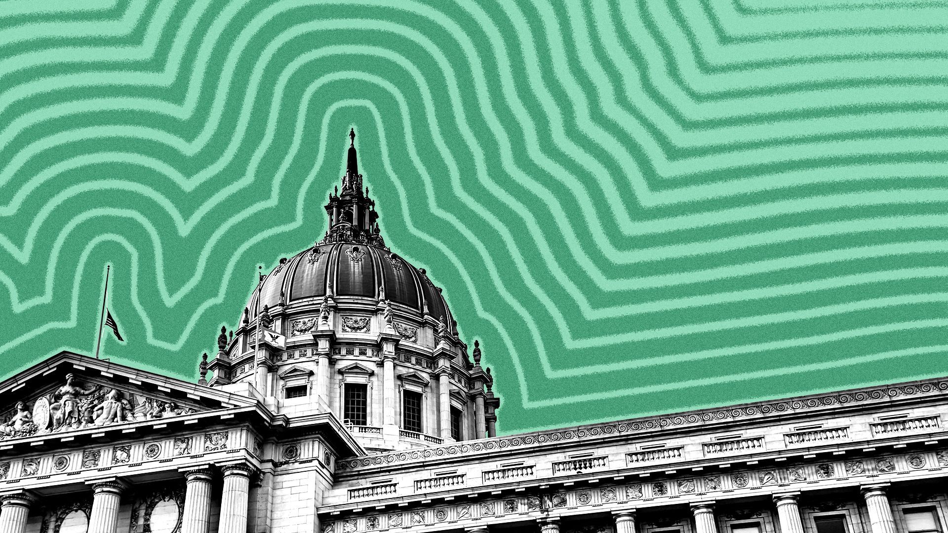Illustration of San Francisco City Hall with lines radiating from it.