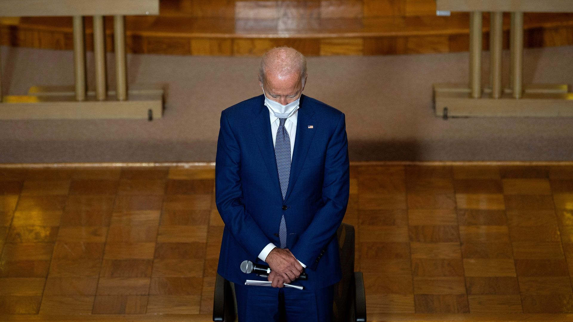 Joe Biden prays at Grace Lutheran Church in Kenosha, Wisconsin, on September 3, 2020, in the aftermath of the police shooting of Jacob Blake.