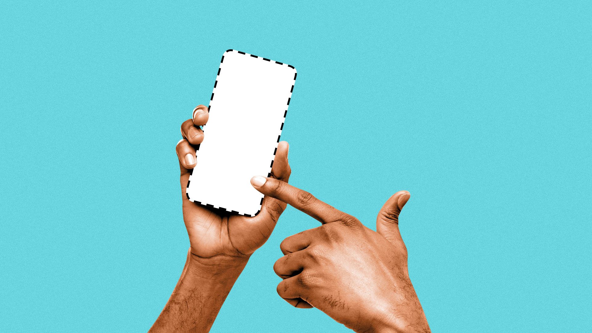 Illustration of hands holding a cut-out phone-shaped space.