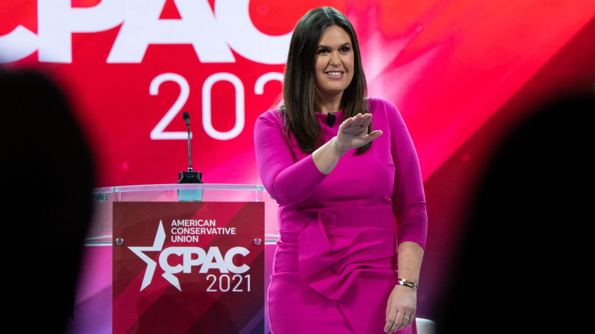 Sarah Huckabee Sanders, former White House press secretary, waves after speaking during the Conservative Political Action Conference (CPAC) in Orlando, Florida, U.S., on Saturday, Feb. 27, 2021.