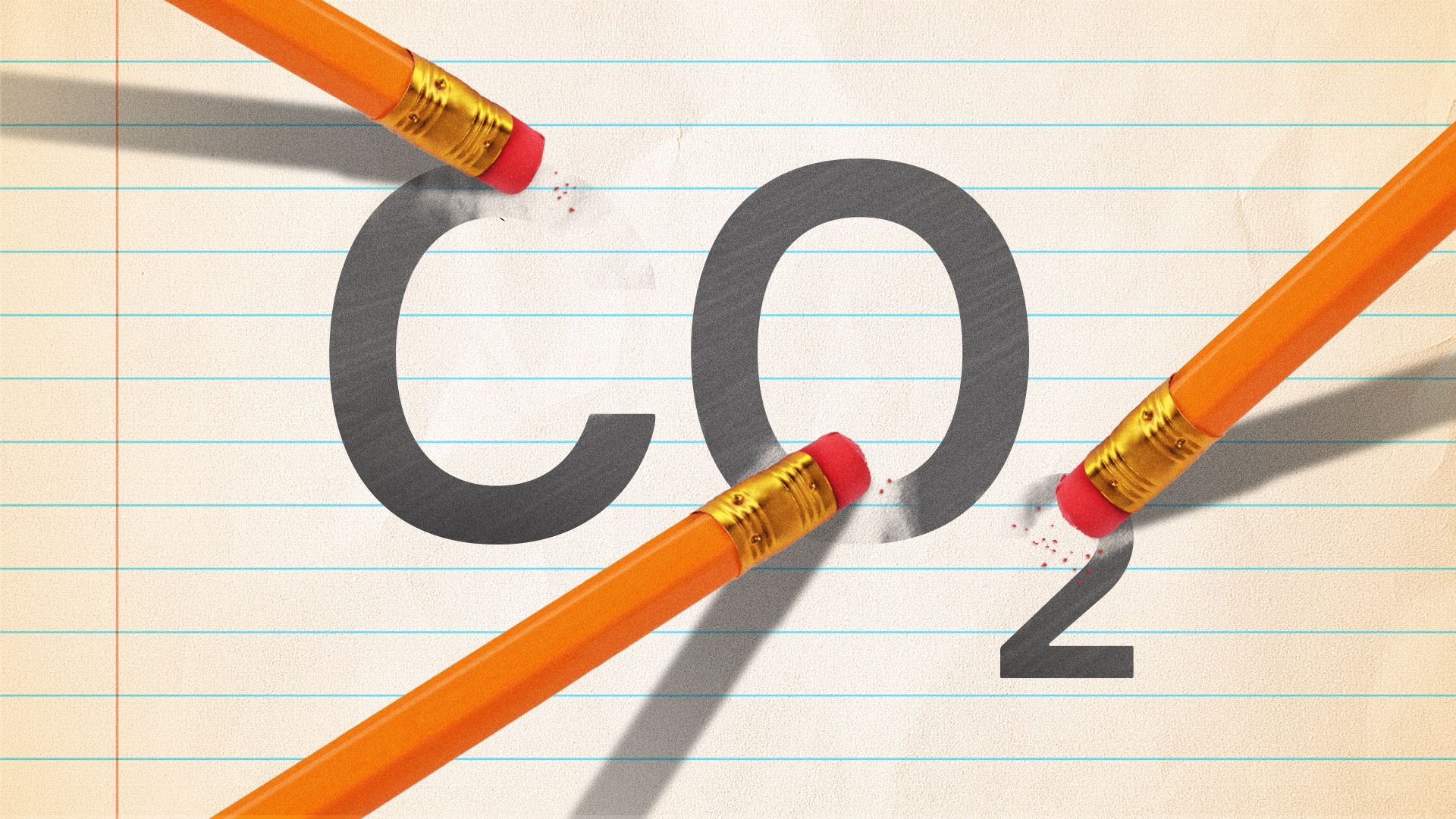 Illustration of three pencils erasing the phrase "CO2".
