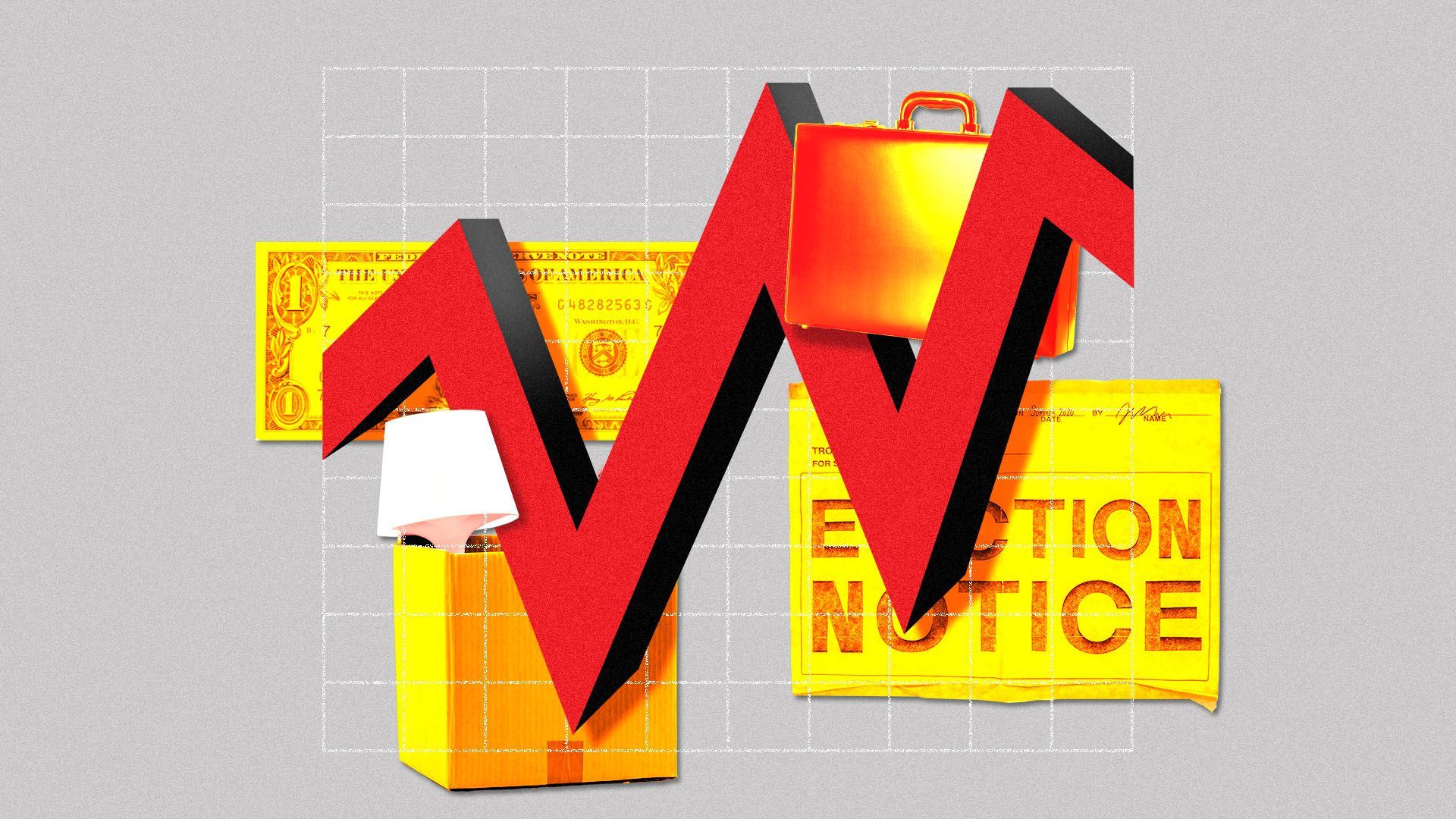 Illustration of a "W" shaped line graph on a grid surrounded by a dollar bill, a moving box, a briefcase, and an eviction notice
