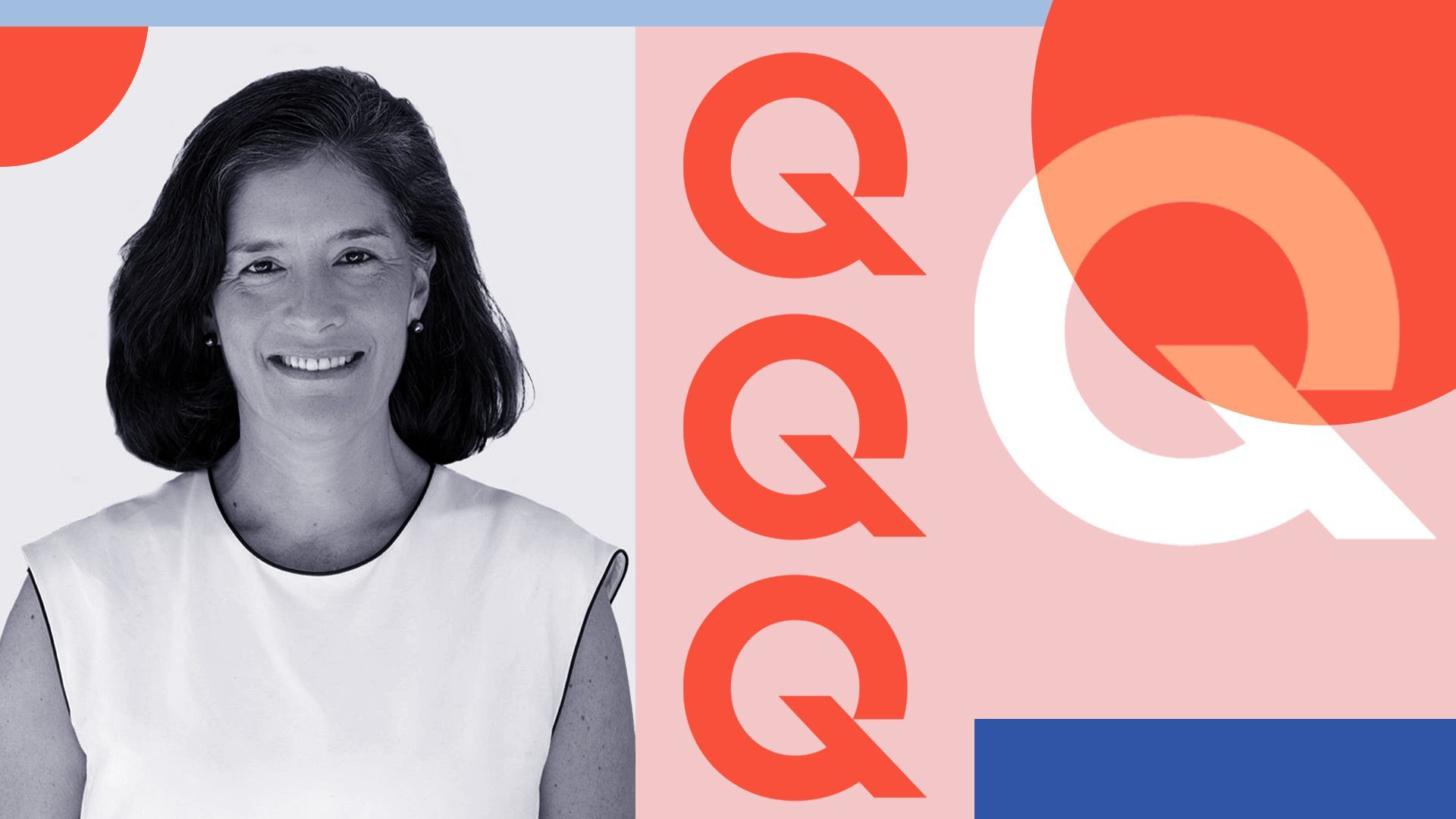 Photo illustration of Monica Brand Engel surrounded by abstract shapes.