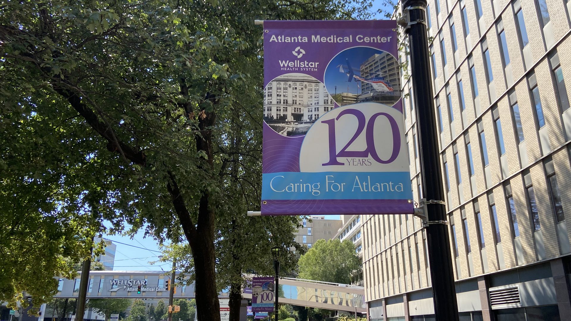 SIgn saying 120 years of caring for Atlanta outside a hospital