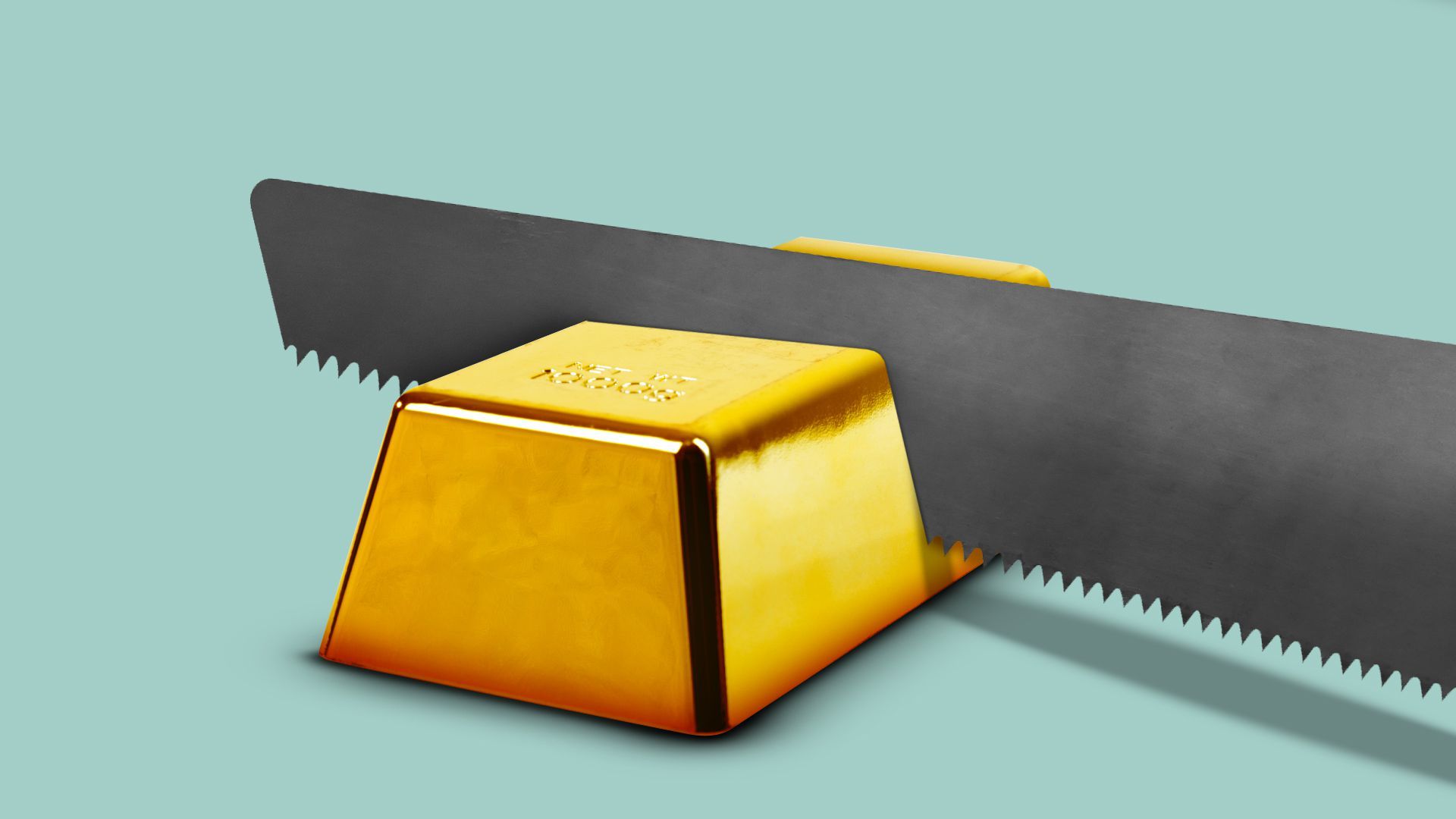 Illustration of a saw cutting a gold bar. 