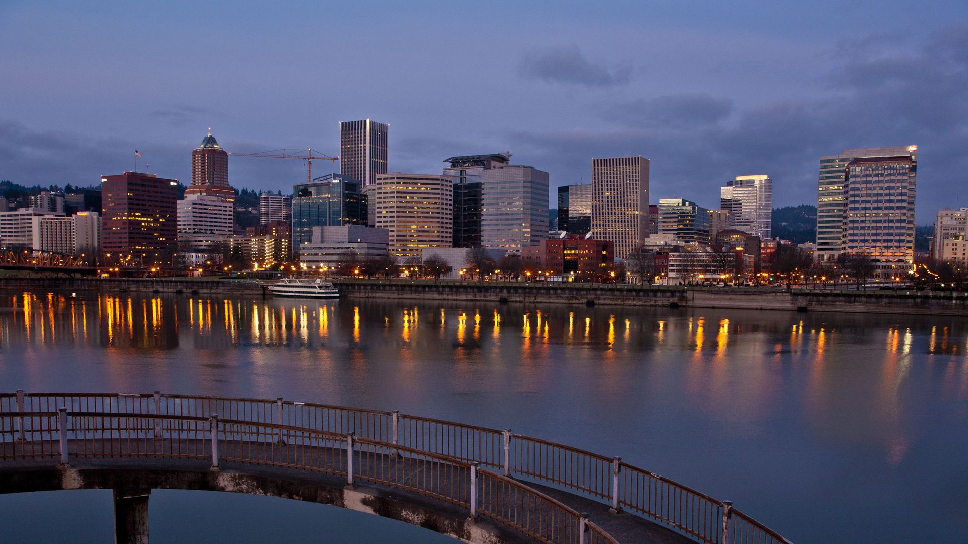 The downtown Portland skyline as seen from the east side, at dusk.