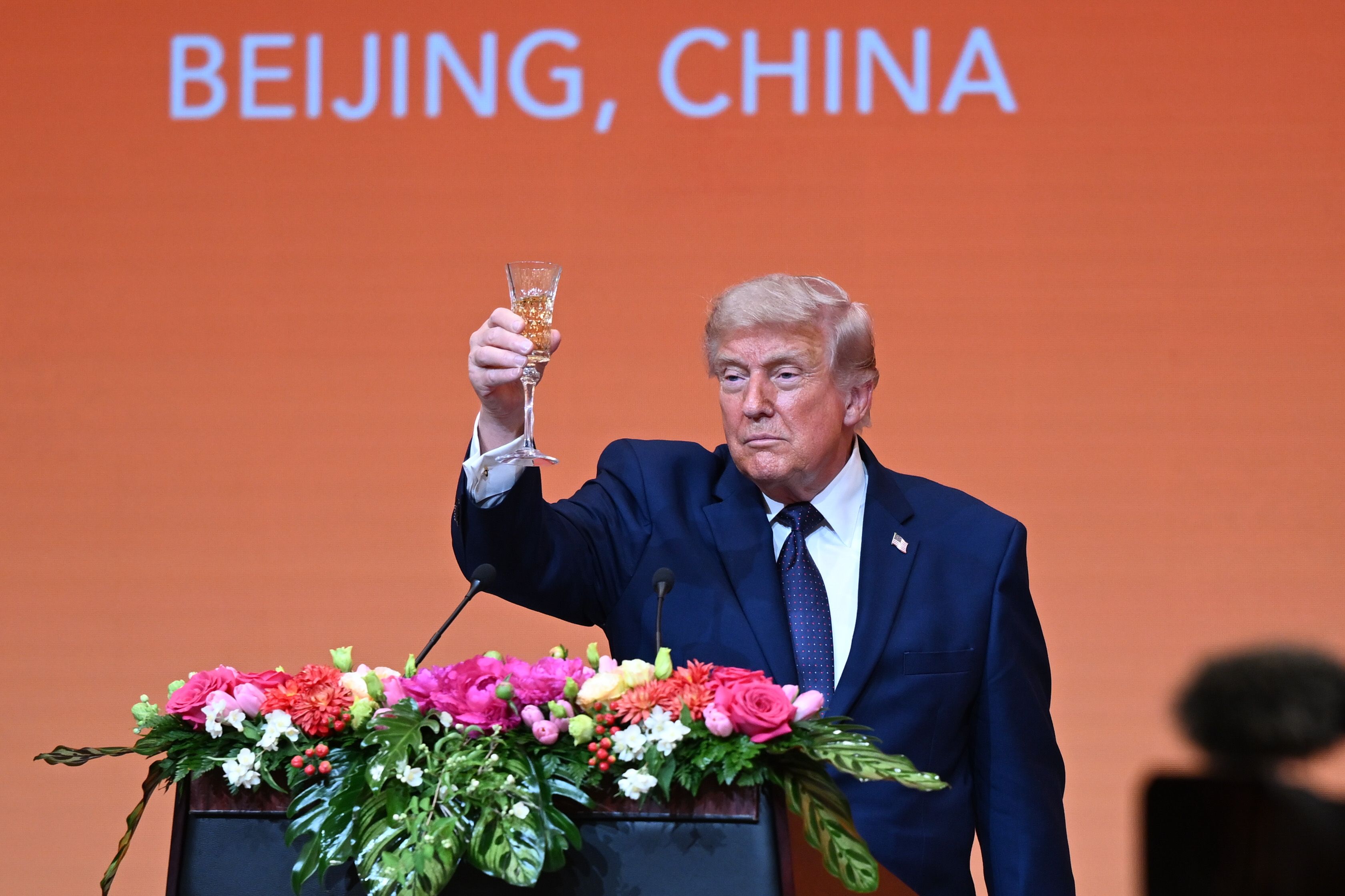 President Trump toasts during a state banquet at the Great Hall of the People this evening in Beijing. Photo: Kenny Holston/The New York Times