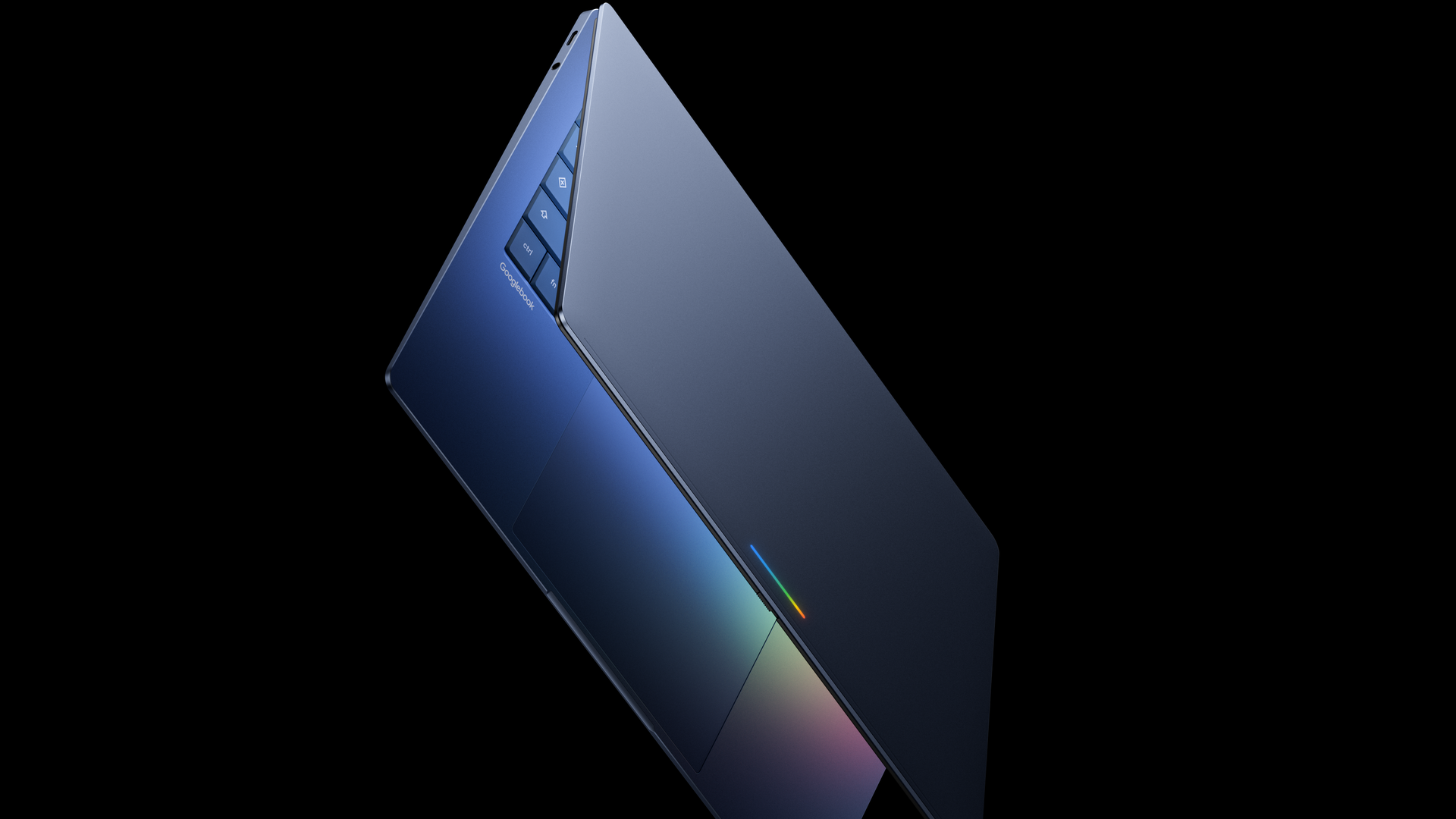 A rendering of a Googlebook with light emanating from the inside of the laptop as well as its exterior "glowbar."